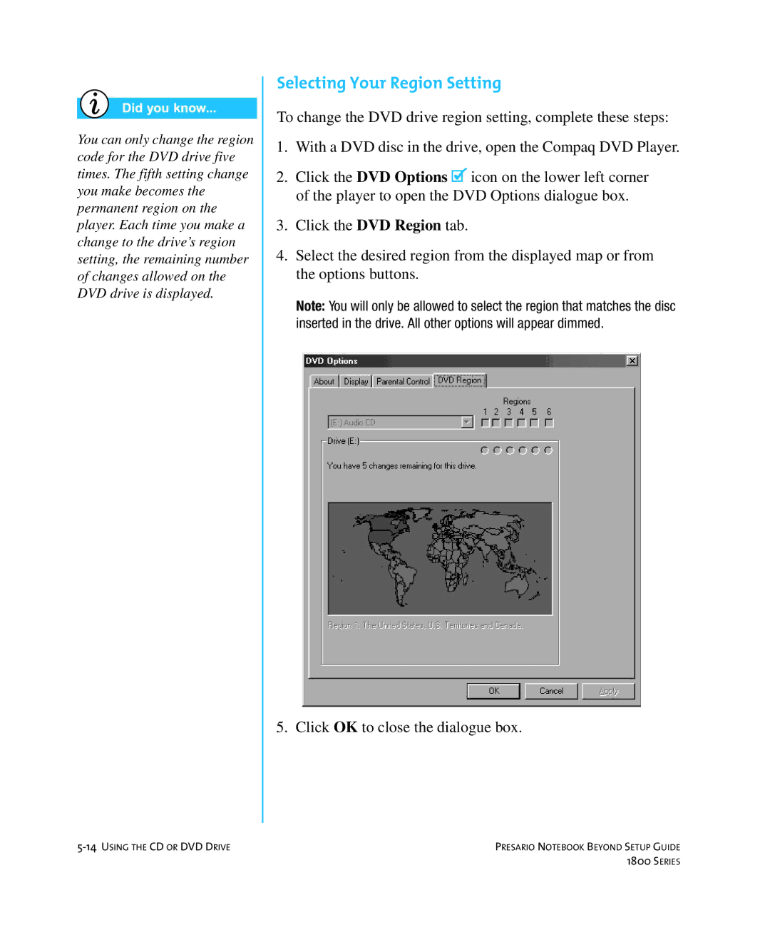 Compaq 1800 manual Selecting Your Region Setting 