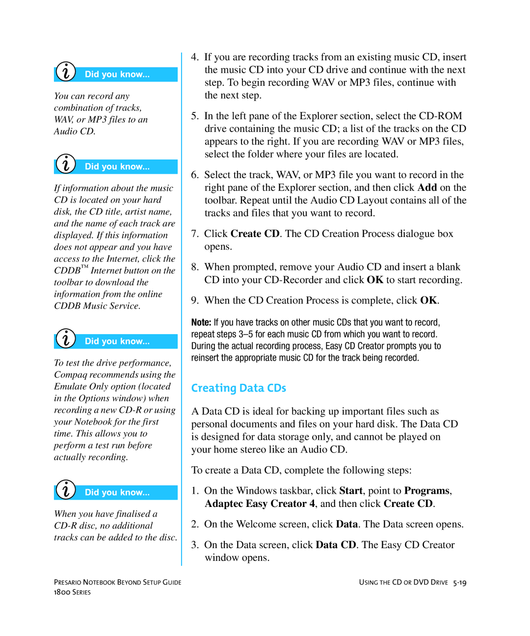 Compaq 1800 manual Creating Data CDs 