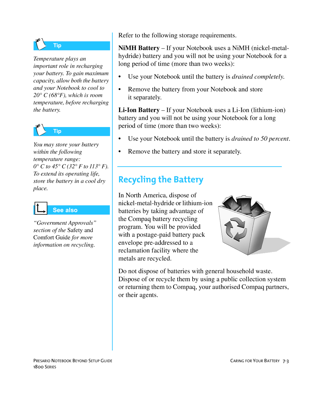 Compaq 1800 manual Recycling the Battery 