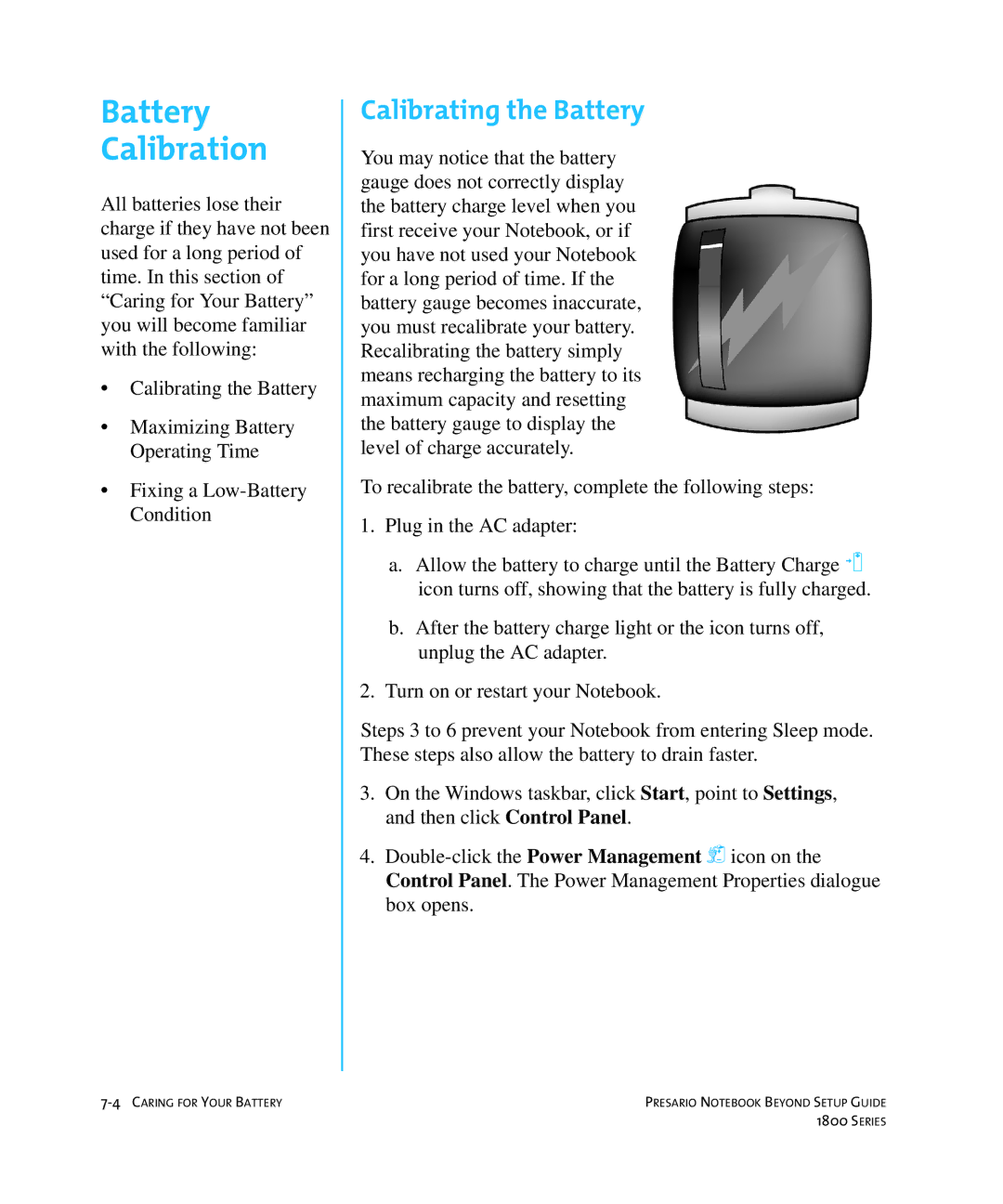 Compaq 1800 manual Battery Calibration, Calibrating the Battery 