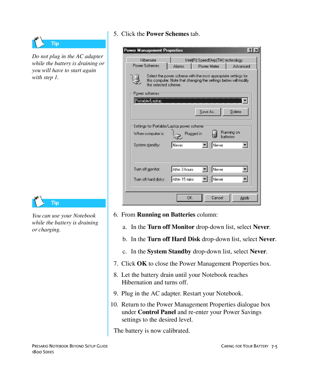 Compaq 1800 manual From Running on Batteries column 