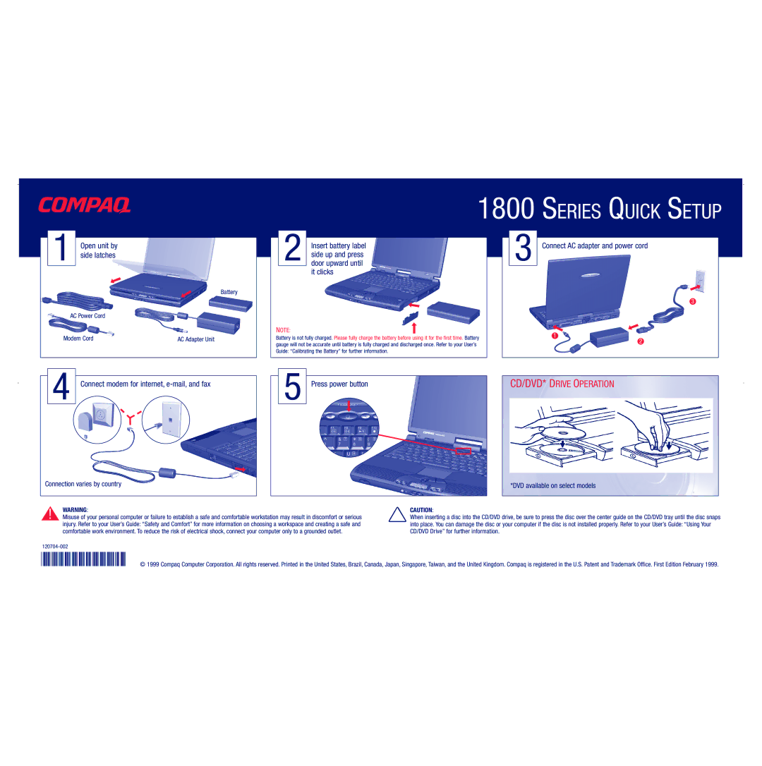 Compaq 1800 manual CD/DVD* Drive Operation, Open unit by Side latches, Connect modem for internet, e-mail, and fax 