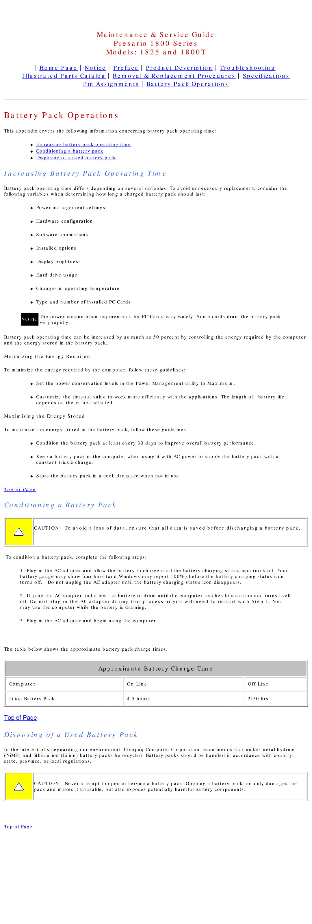 Compaq 1825, 1800T Battery Pack Operations, Increasing Battery Pack Operating Time, Conditioning a Battery Pack 