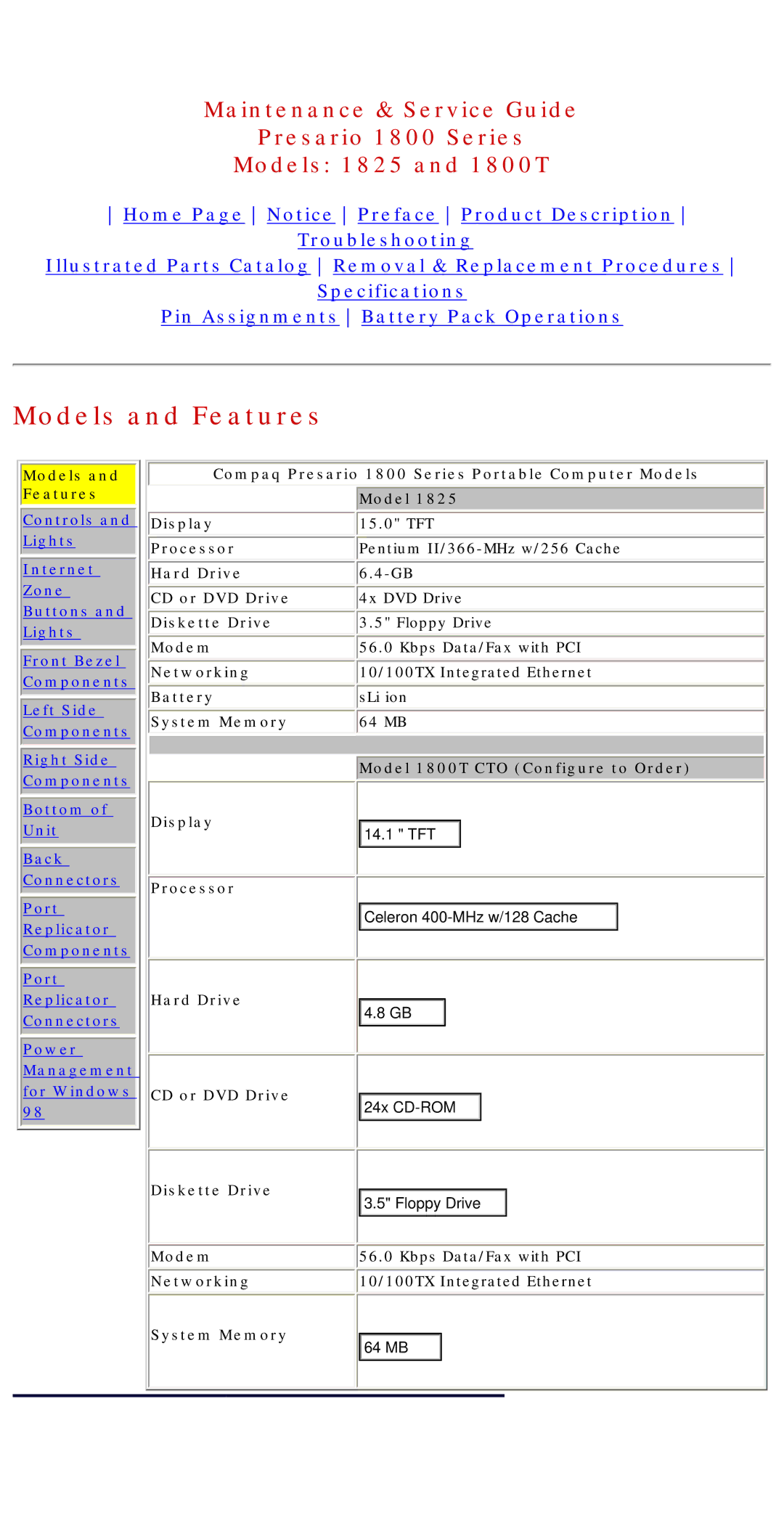 Compaq 1800T, 1825 specifications Models and Features, Hard Drive CD or DVD Drive, Modem Kbps Data/Fax with PCI Networking 