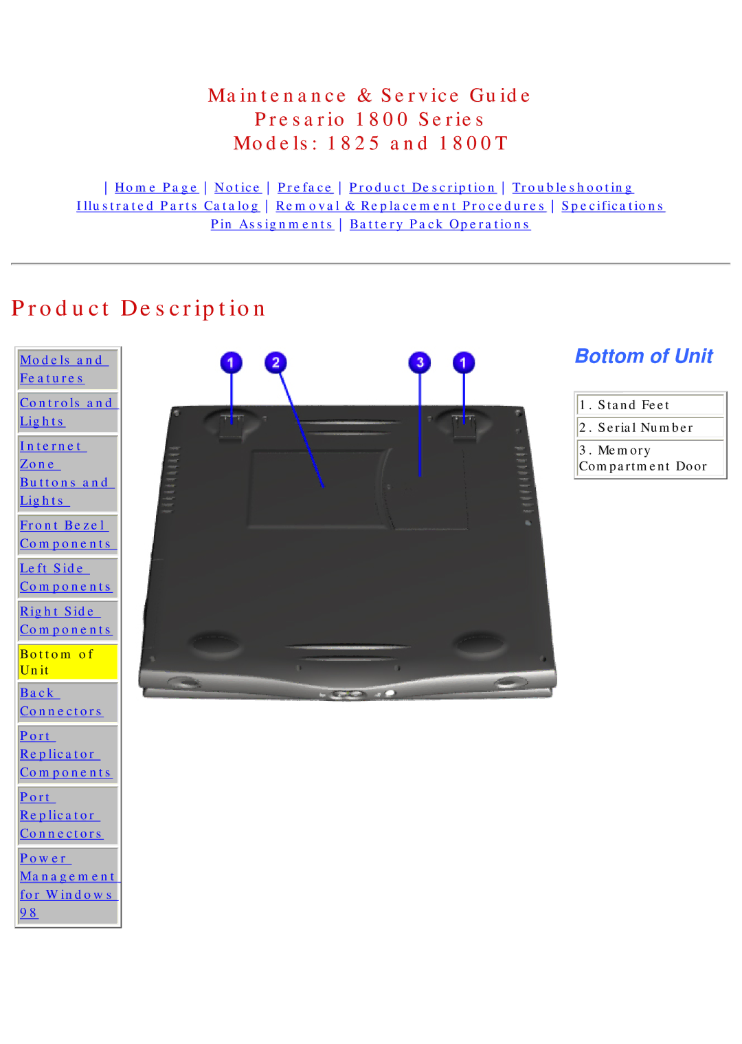 Compaq 1825, 1800T specifications Bottom of Unit, Bottom Unit 