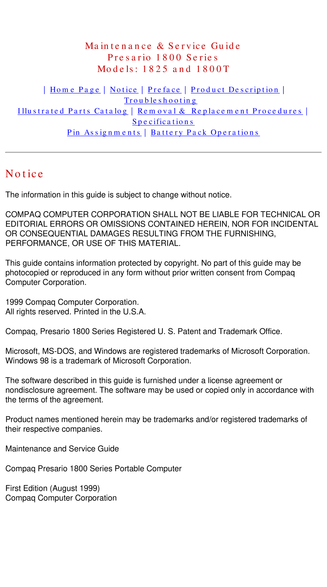 Compaq 1825, 1800T specifications 