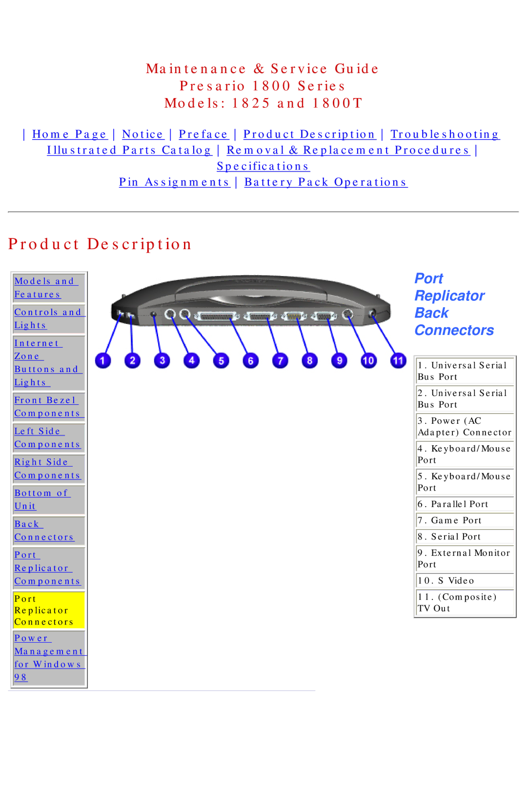 Compaq 1800T, 1825 specifications Port Replicator Back Connectors, Port Replicator Connectors 