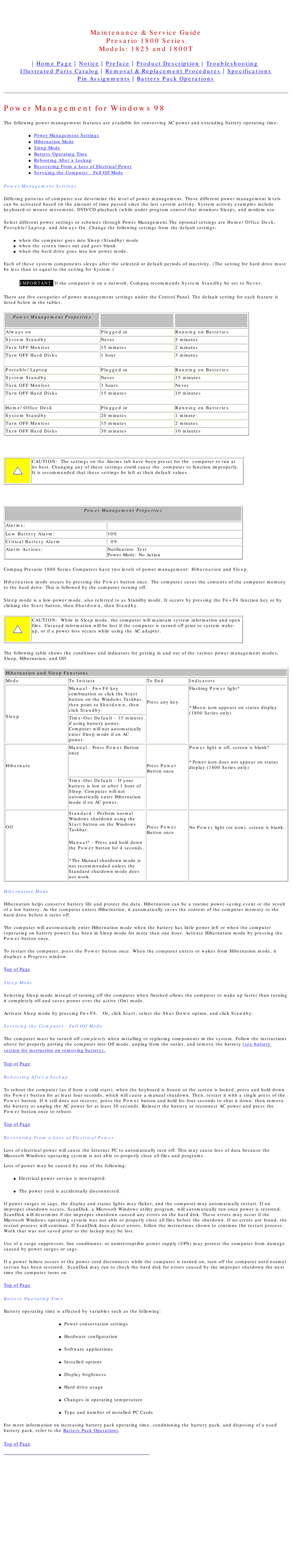 Compaq 1825, 1800T specifications Power Management for Windows 