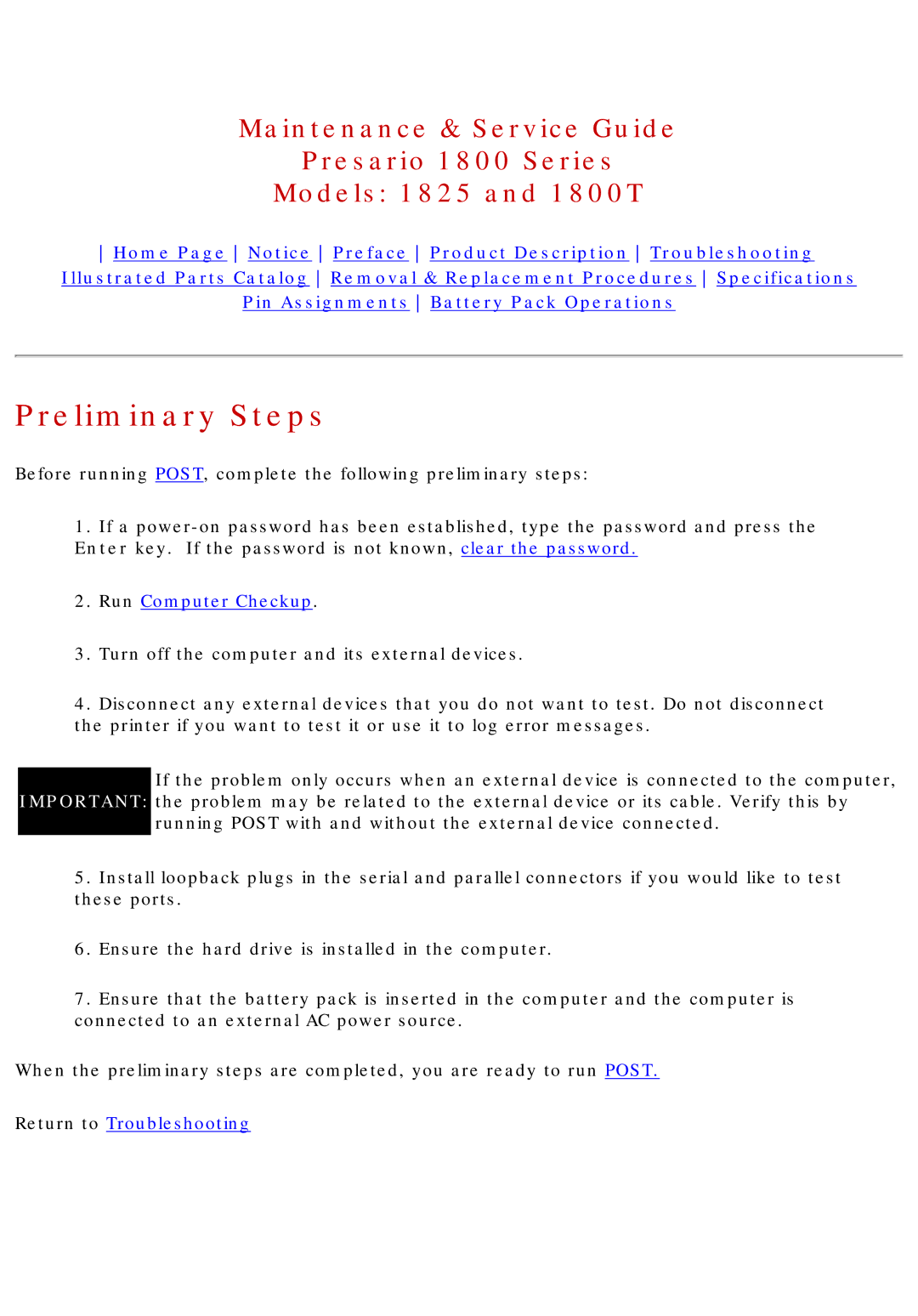 Compaq 1800T, 1825 specifications Preliminary Steps, Run Computer Checkup 