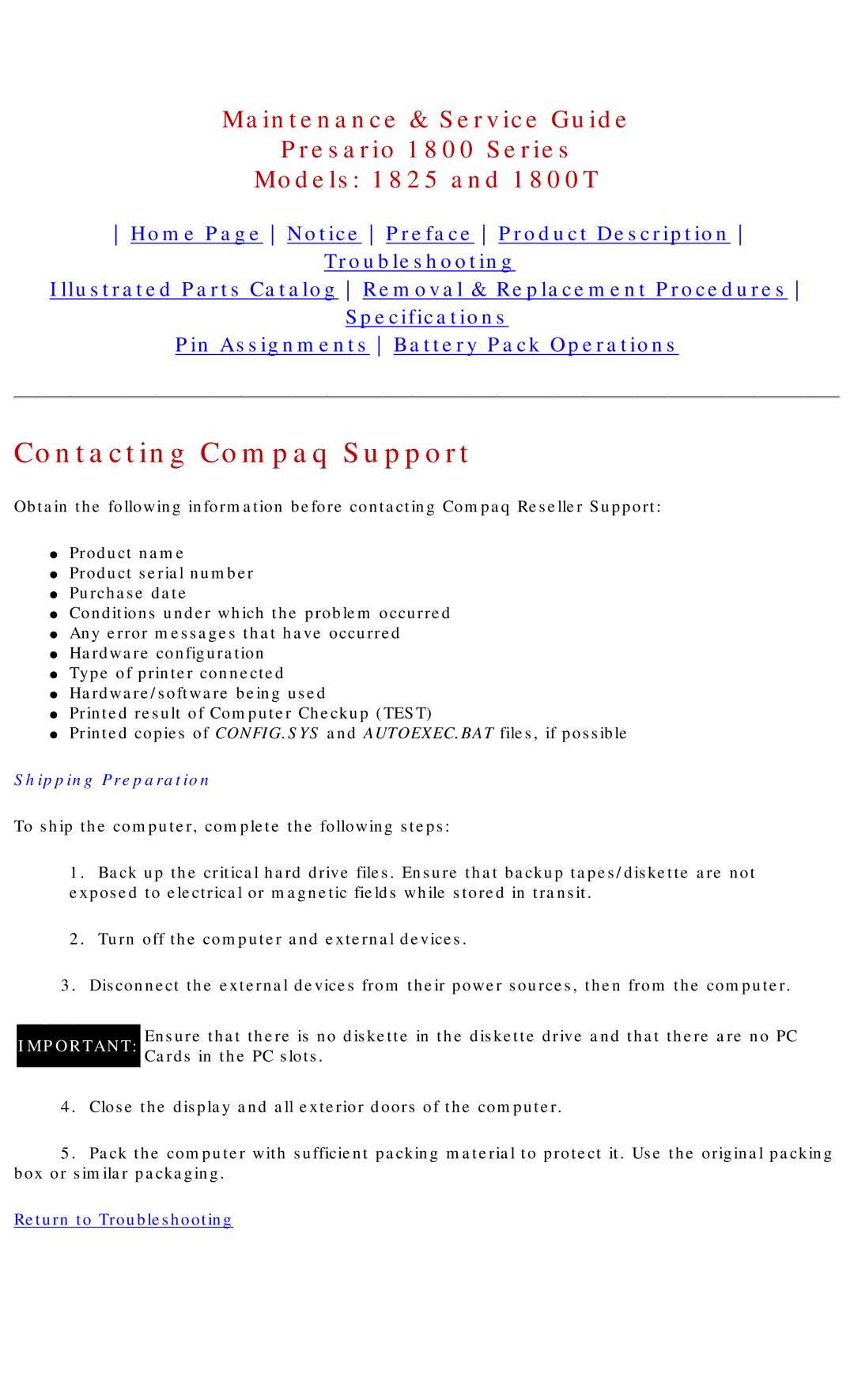 Compaq 1800T, 1825 specifications Contacting Compaq Support, Shipping Preparation 