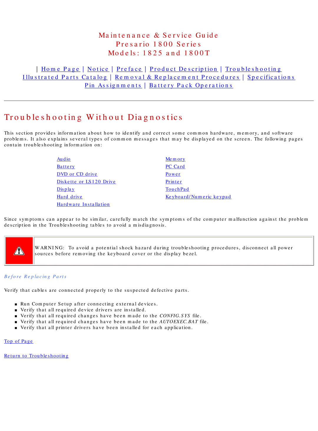 Compaq 1800T, 1825 specifications Troubleshooting Without Diagnostics, Before Replacing Parts 