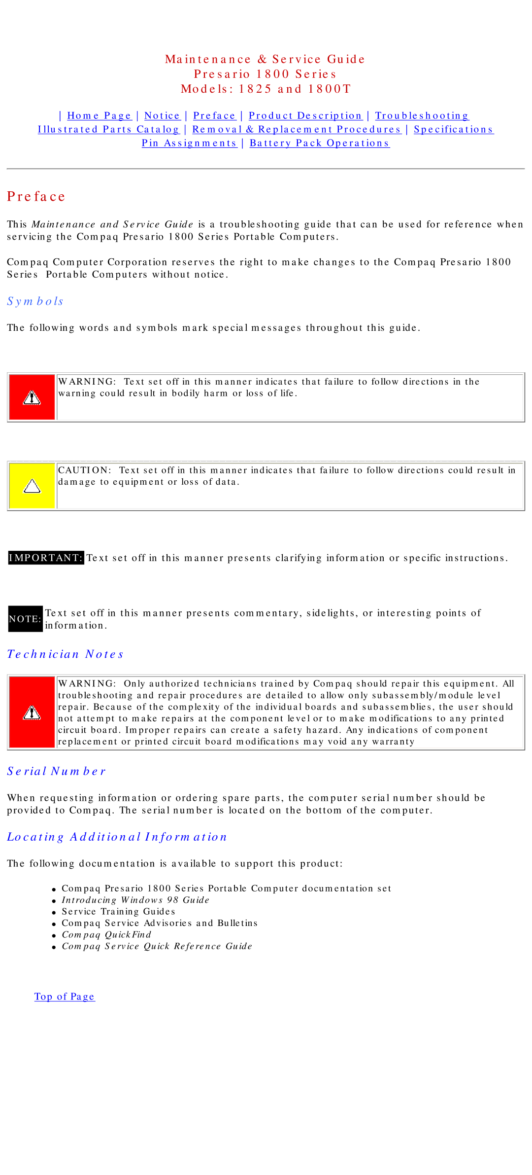 Compaq 1800T, 1825 specifications Preface, Symbols 