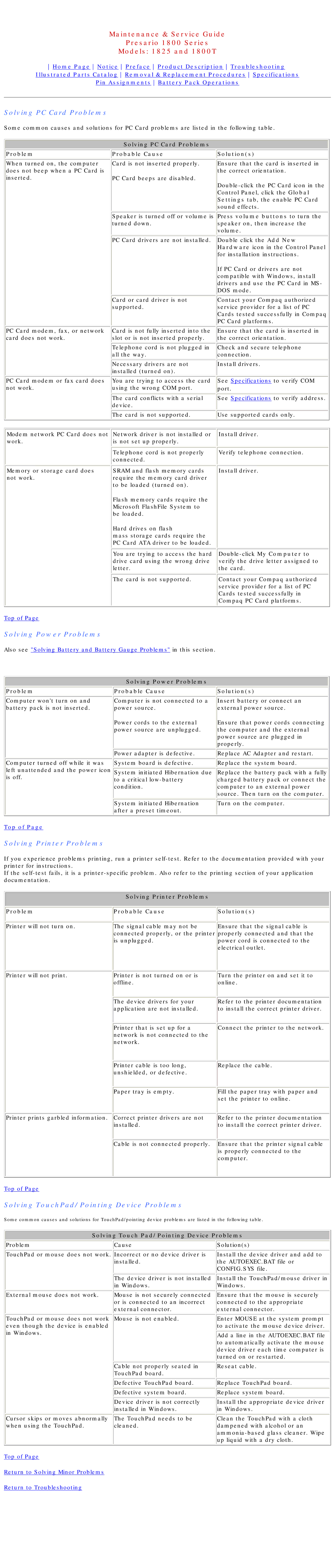 Compaq 1800T, 1825 specifications Solving PC Card Problems, Solving Power Problems, Solving Printer Problems 