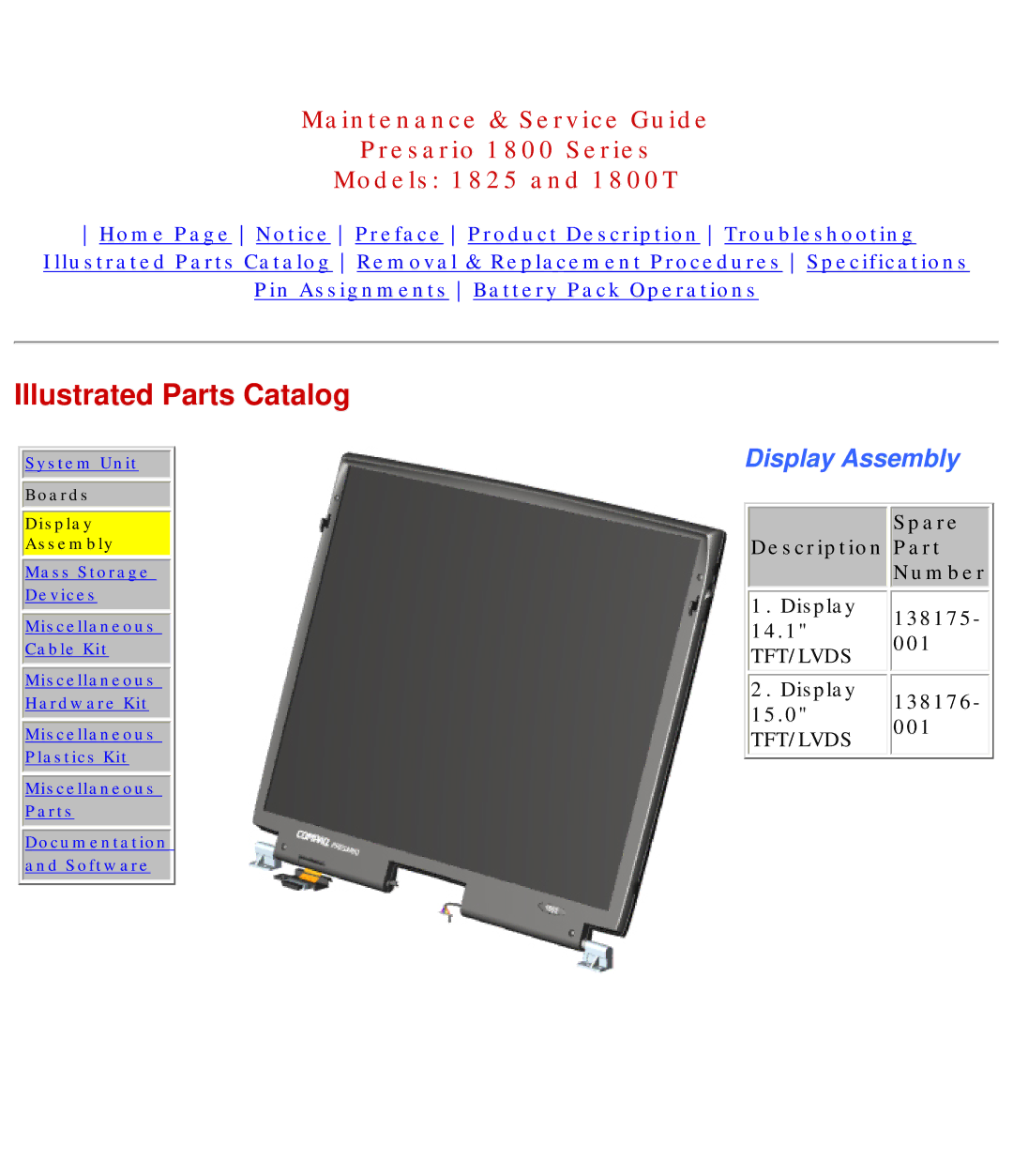 Compaq 1825, 1800T specifications Boards Display Assembly 