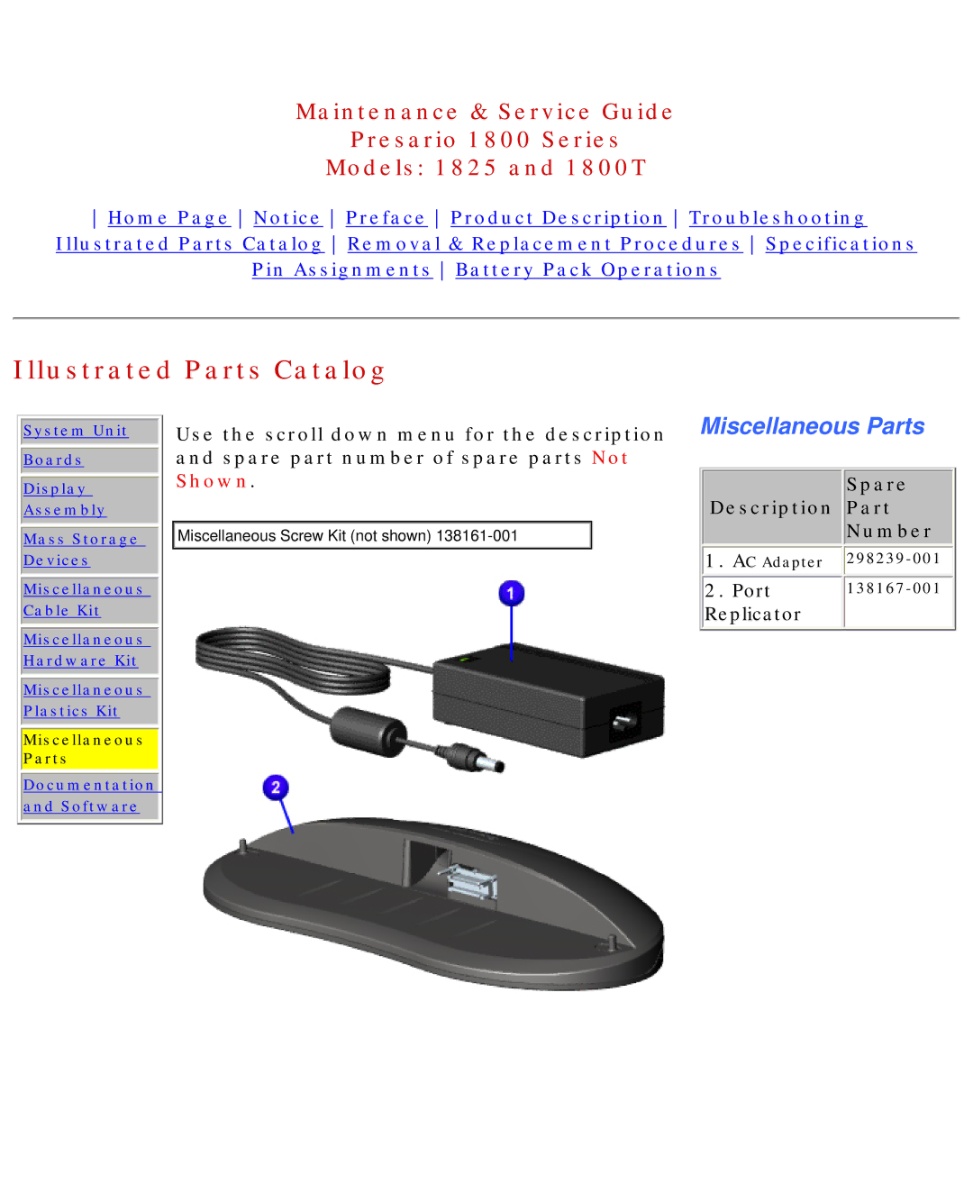 Compaq 1800T, 1825 specifications Miscellaneous Parts 