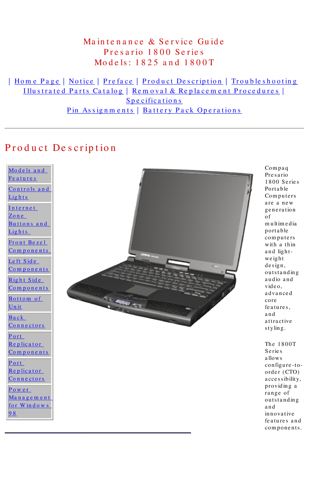 Compaq 1825, 1800T specifications Product Description 