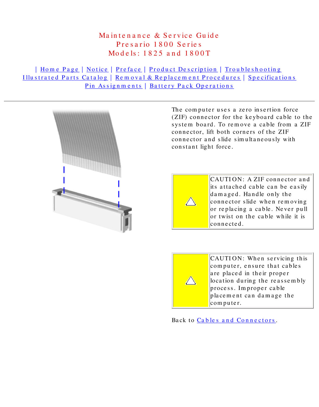 Compaq 1825, 1800T specifications Back to Cables and Connectors 