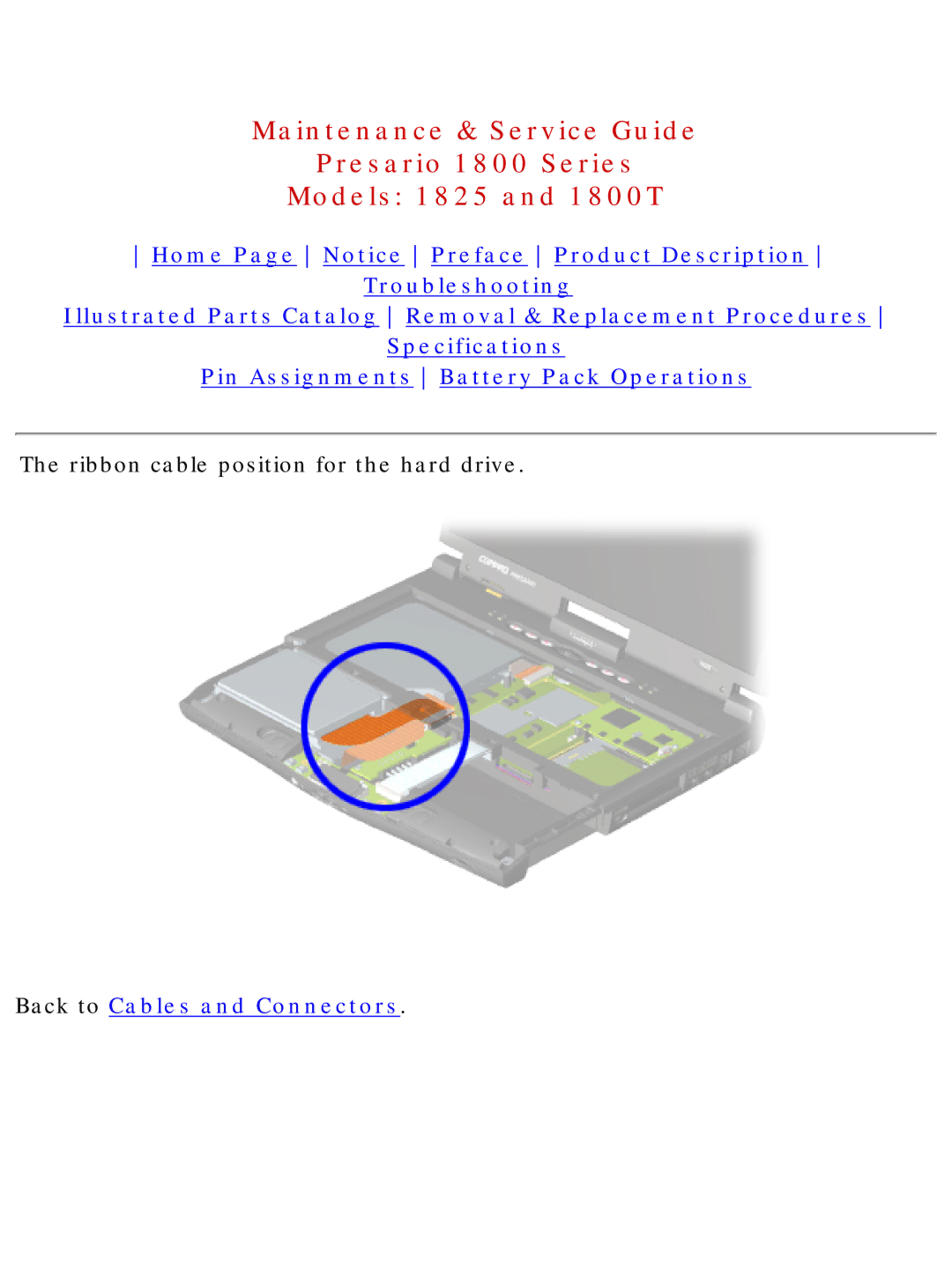 Compaq 1800T, 1825 specifications Ribbon cable position for the hard drive 