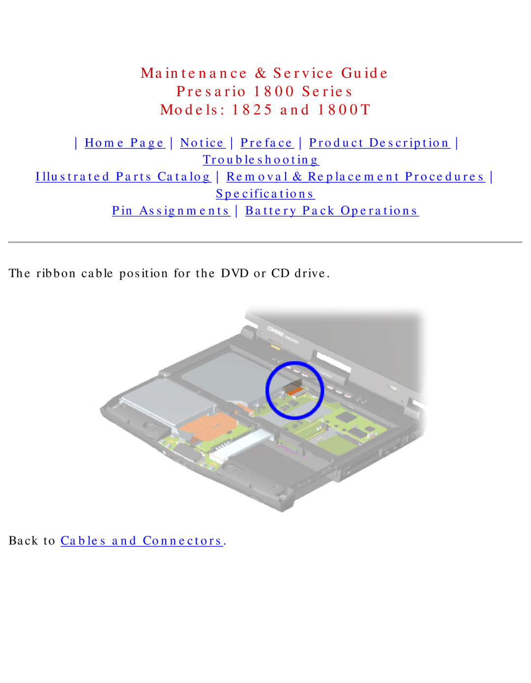 Compaq 1825, 1800T specifications Ribbon cable position for the DVD or CD drive 