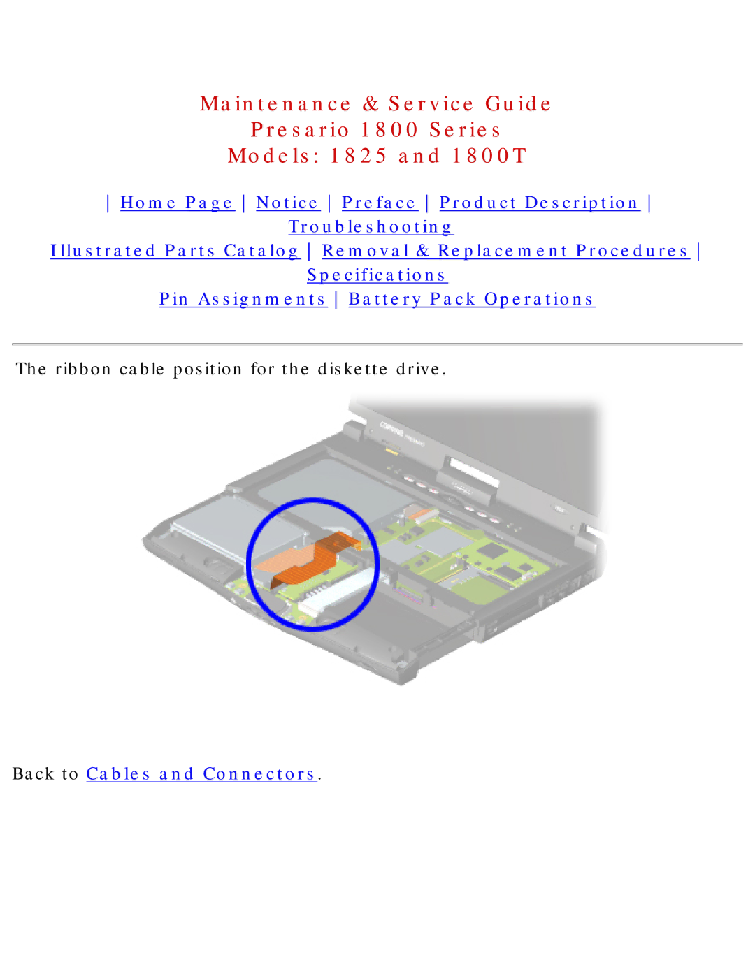 Compaq 1800T, 1825 specifications Ribbon cable position for the diskette drive 