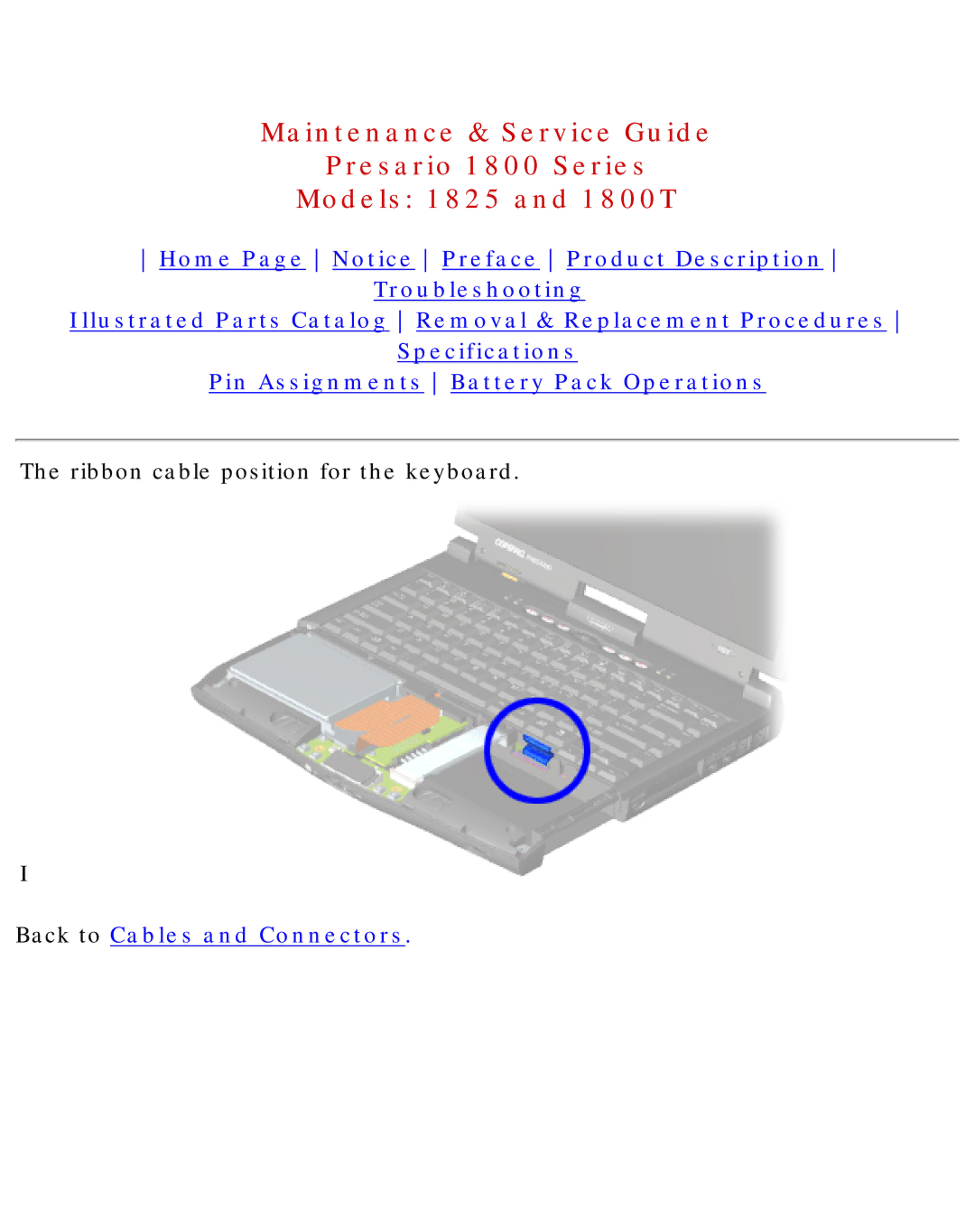 Compaq 1825, 1800T specifications Ribbon cable position for the keyboard 