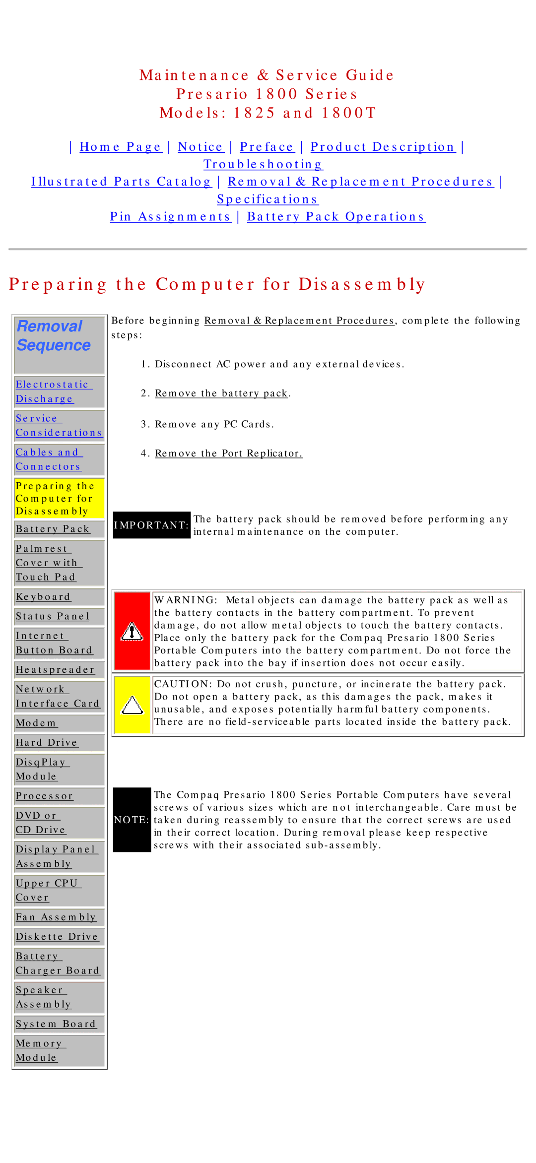 Compaq 1800T, 1825 specifications Preparing the Computer for Disassembly, Removal Sequence 