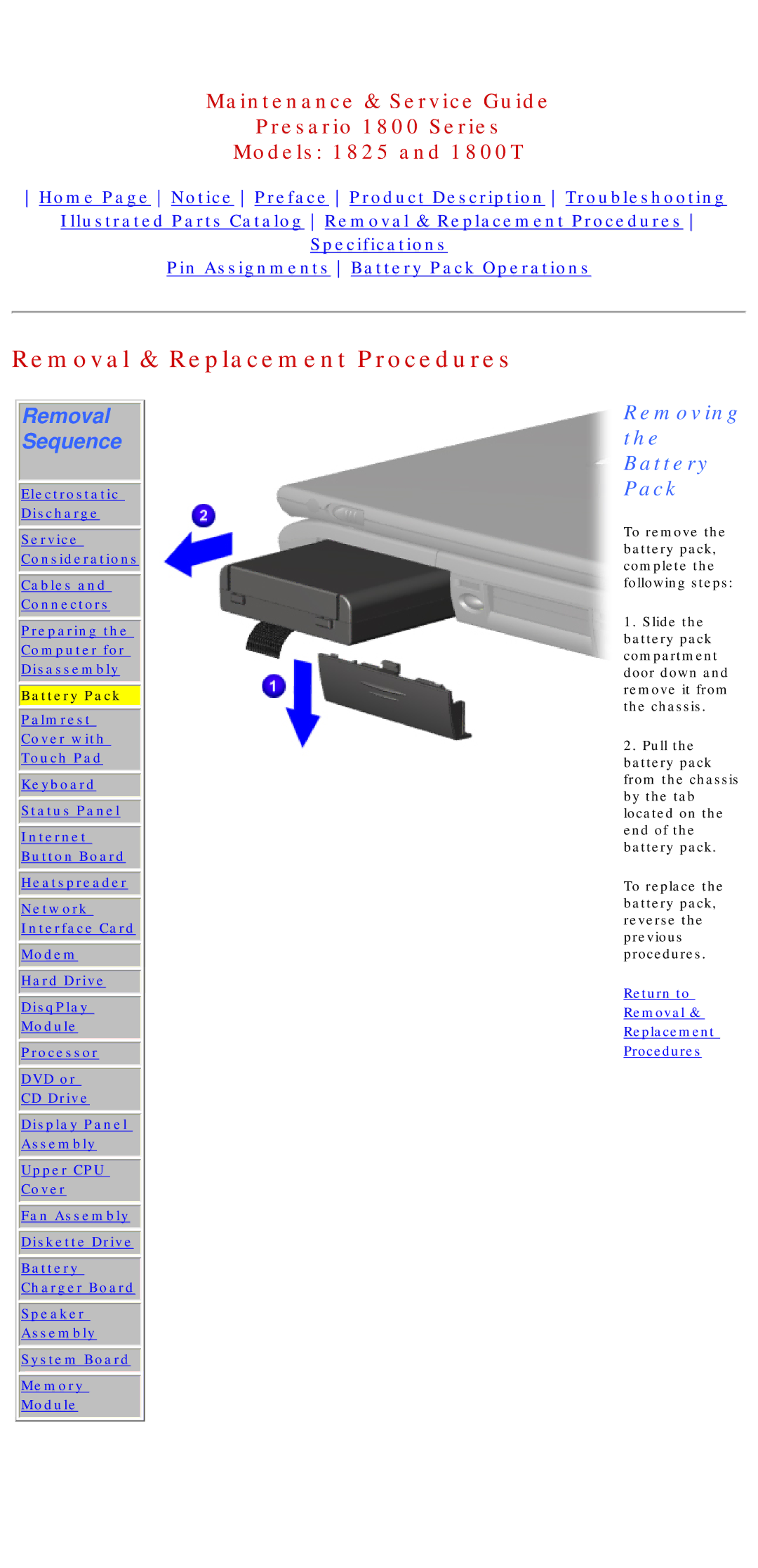 Compaq 1825, 1800T specifications Removal & Replacement Procedures, Removing the Battery Pack 