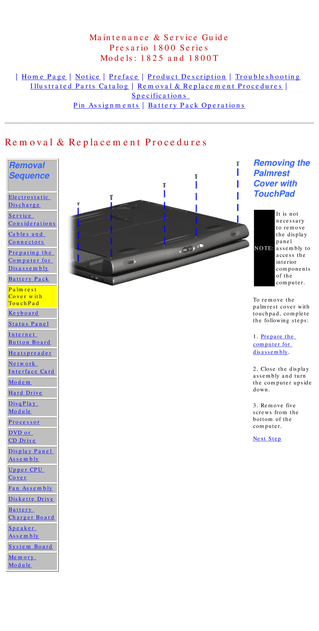 Compaq 1800T, 1825 specifications Removing the Palmrest Cover with TouchPad 