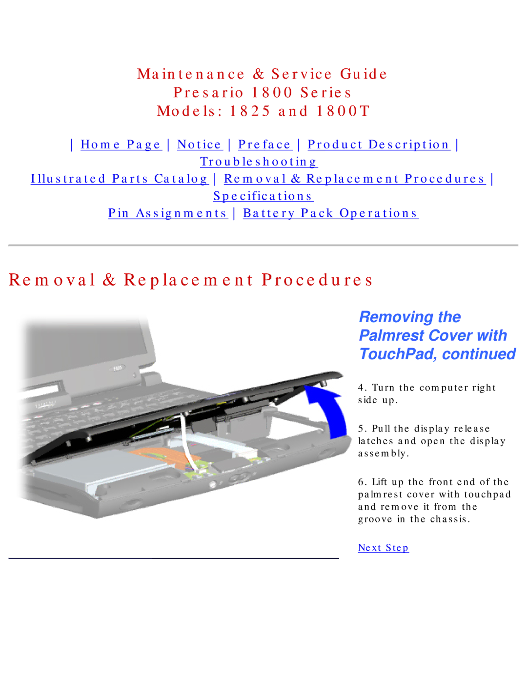 Compaq 1825, 1800T specifications Removing Palmrest Cover with TouchPad 