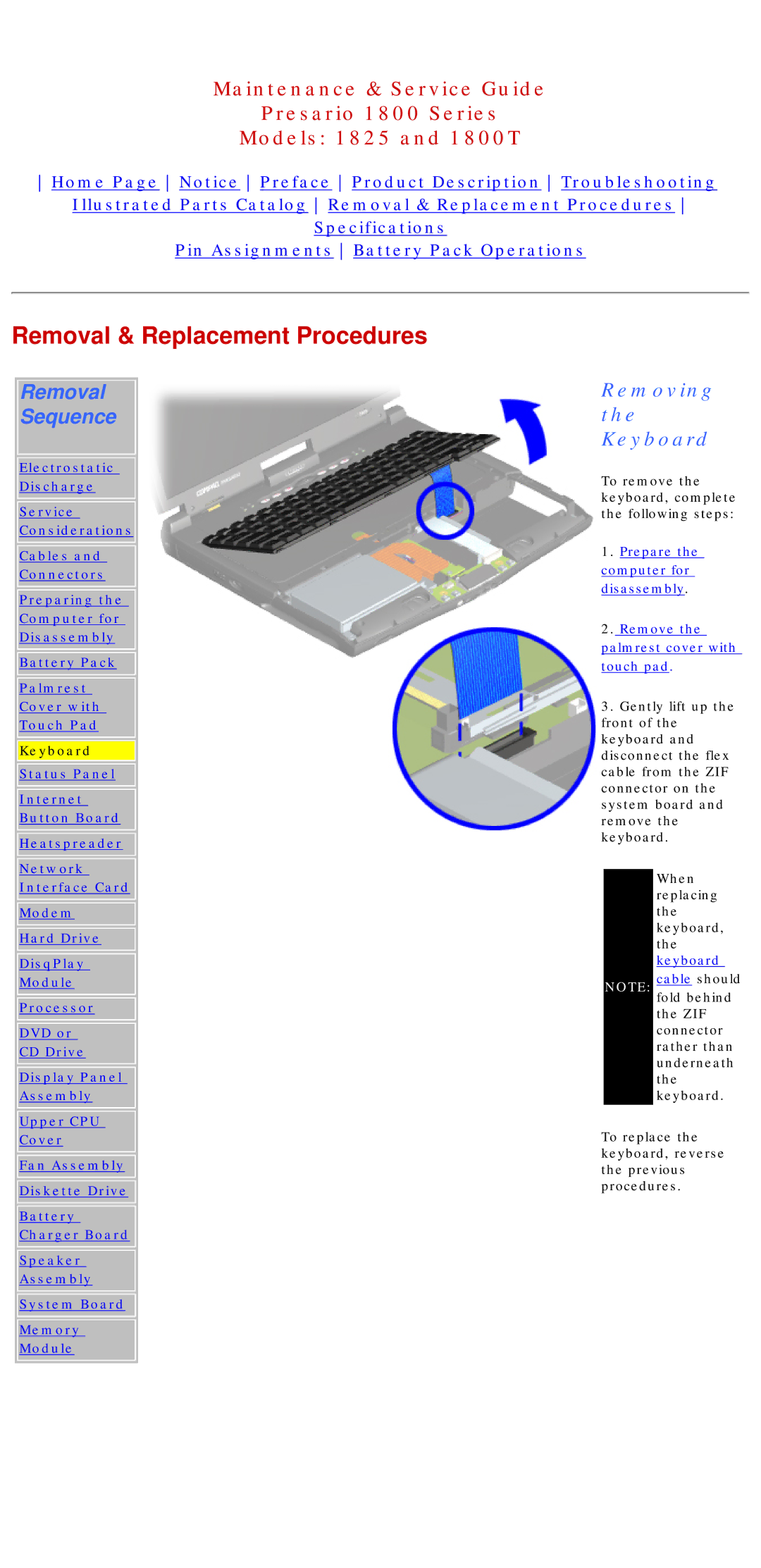 Compaq 1825, 1800T specifications Removing the Keyboard 