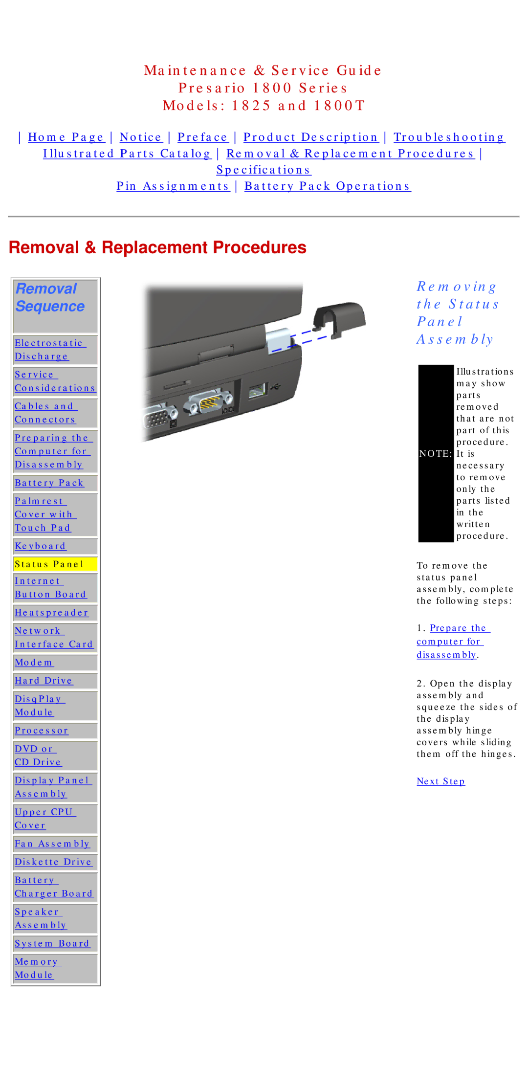 Compaq 1800T, 1825 specifications Removing Status Panel Assembly 