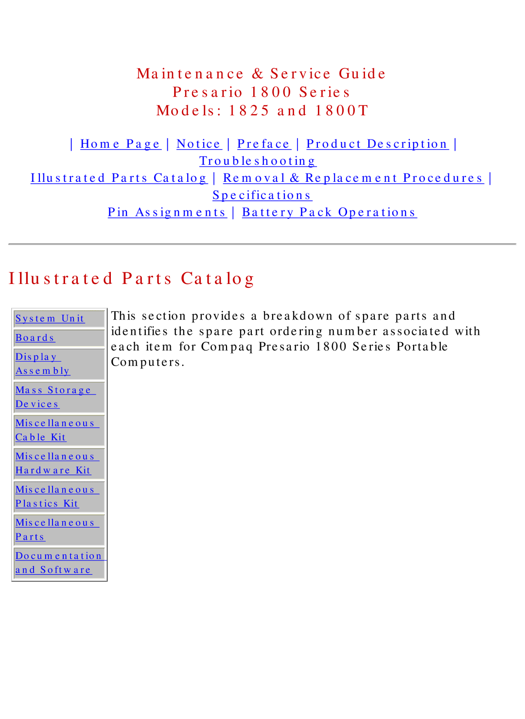 Compaq 1825, 1800T specifications Illustrated Parts Catalog 