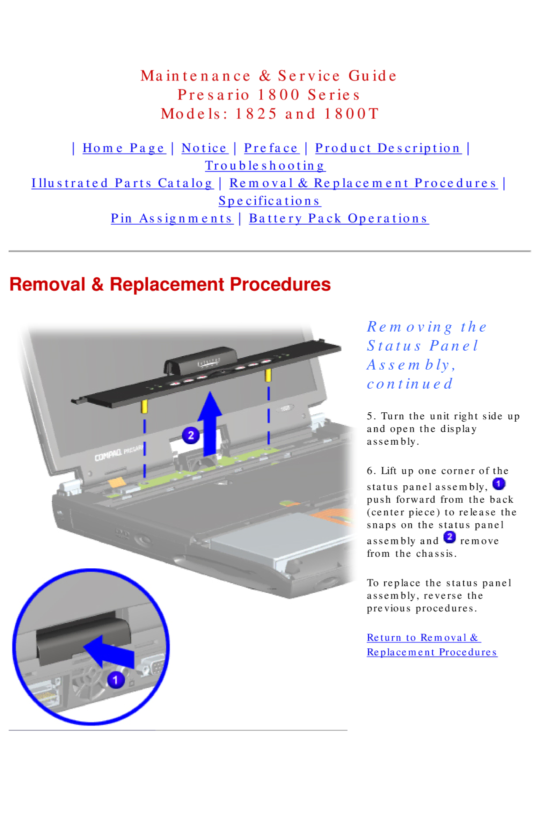 Compaq 1825, 1800T specifications Return to Removal Replacement Procedures 