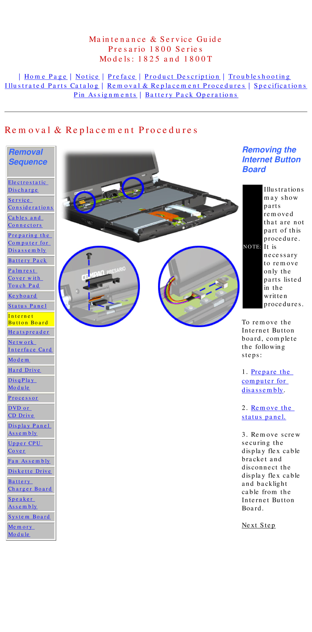 Compaq 1800T, 1825 specifications Removal & Replacement Procedures, Removing Internet Button Board 