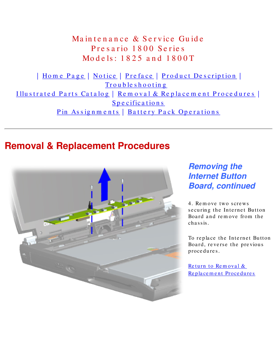 Compaq 1825, 1800T specifications Removal & Replacement Procedures 