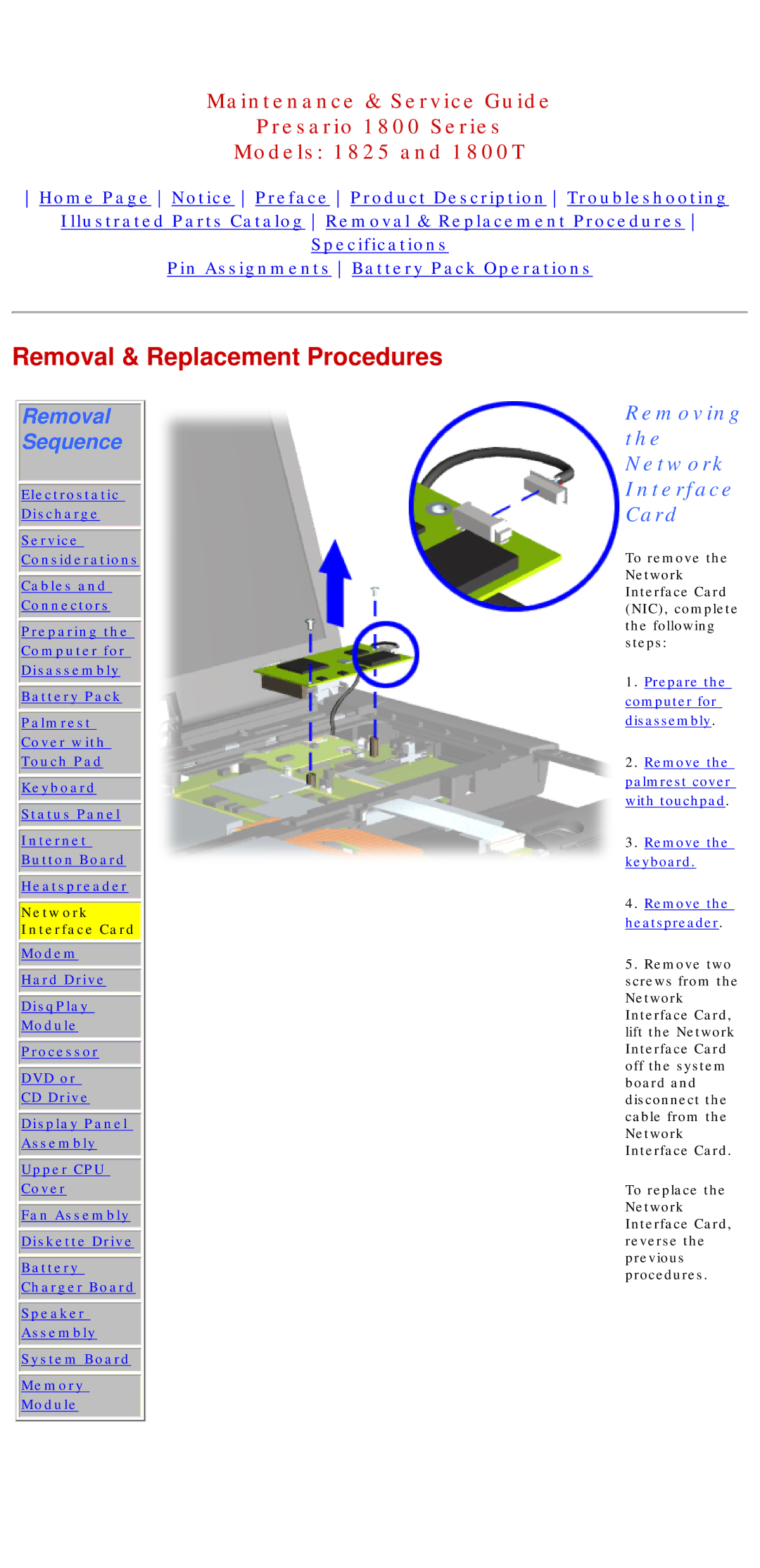 Compaq 1825, 1800T specifications Removing the Network Interface Card 