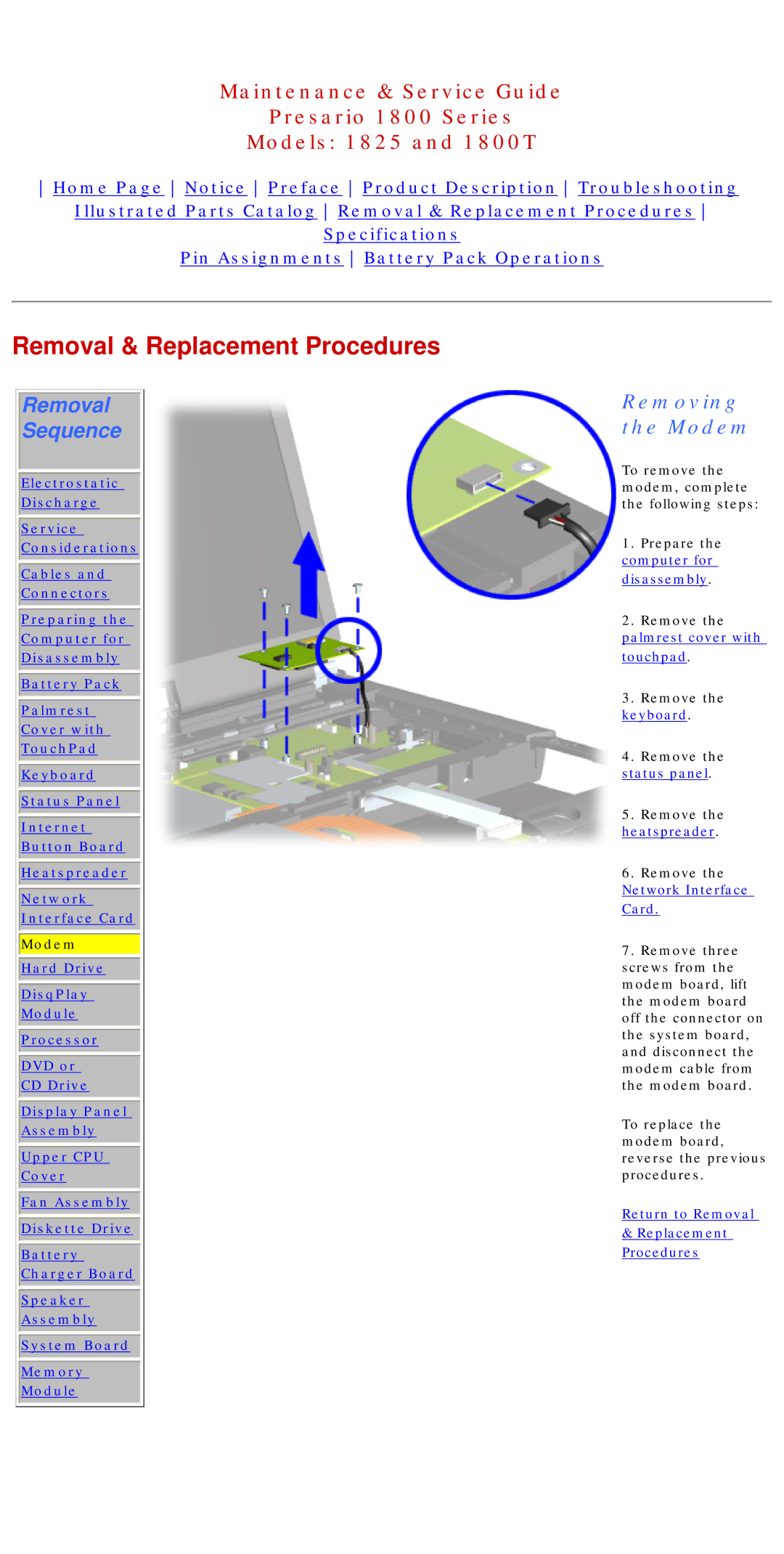 Compaq 1800T, 1825 specifications Removing the Modem 