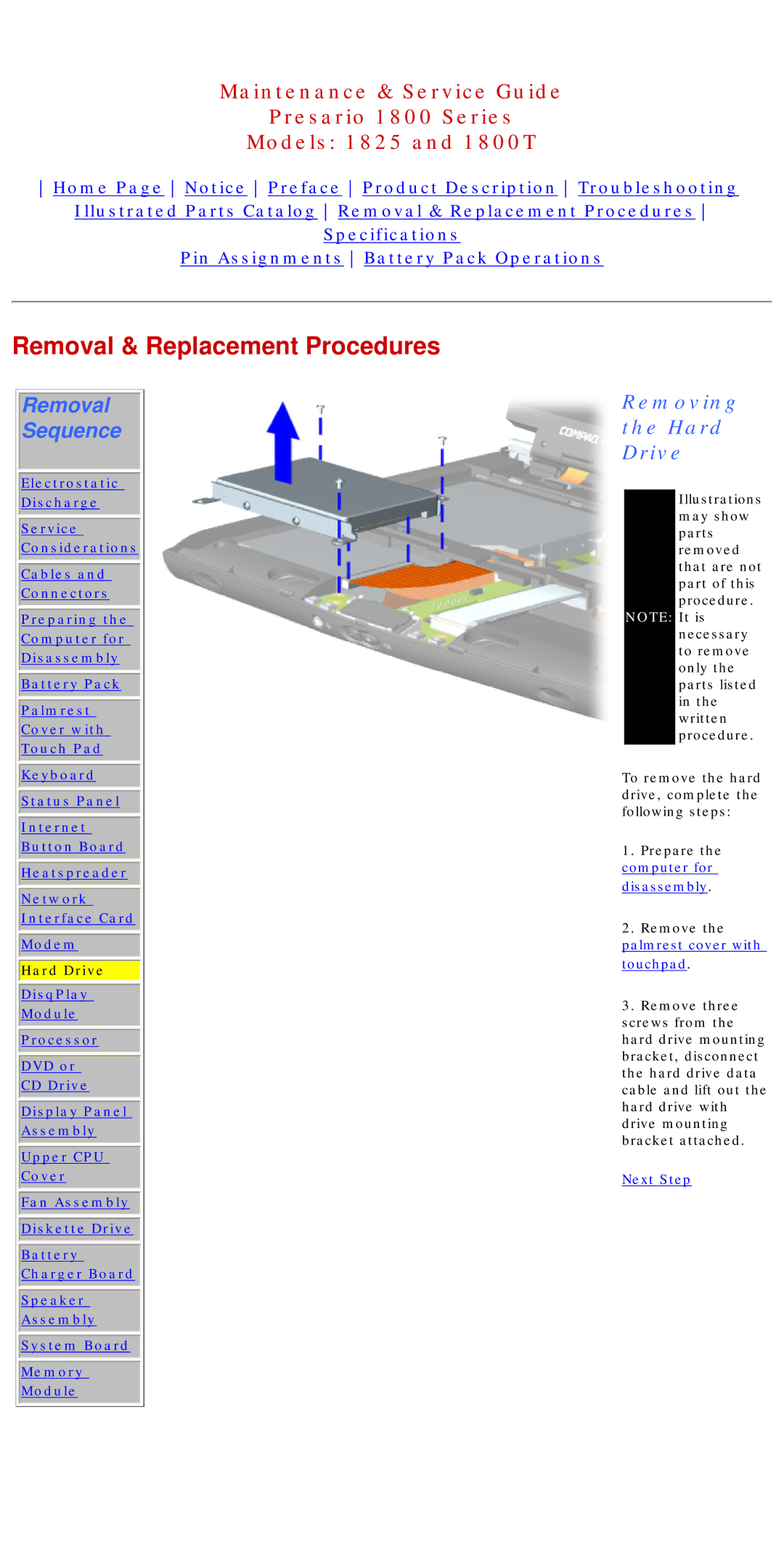 Compaq 1825, 1800T specifications Removing Hard Drive 