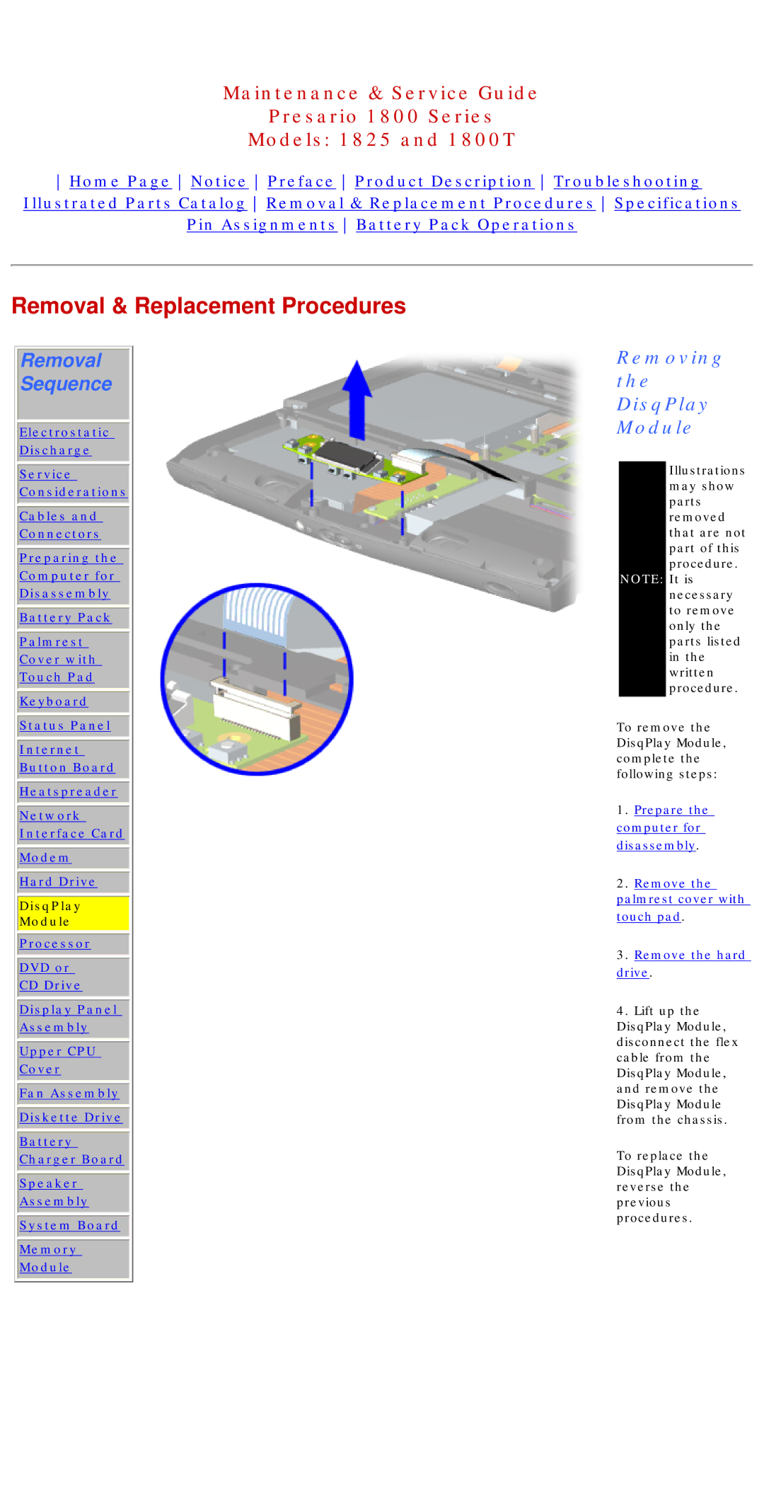 Compaq 1825, 1800T specifications Removing the DisqPlay Module 