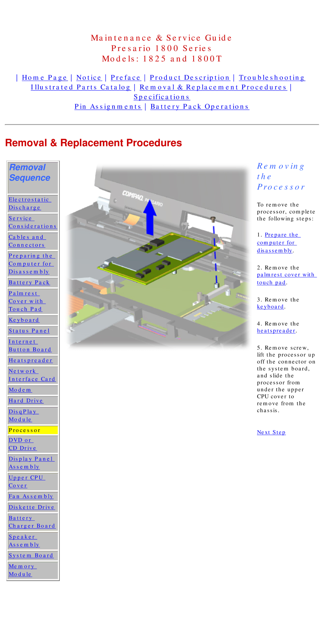 Compaq 1800T, 1825 specifications Removing the Processor 