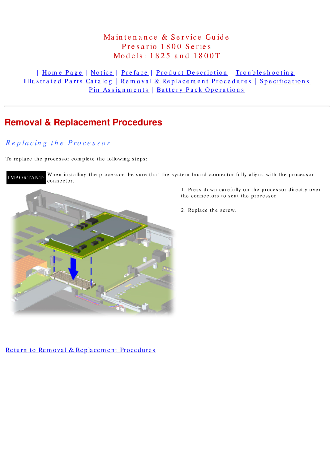 Compaq 1825, 1800T specifications Replacing the Processor 