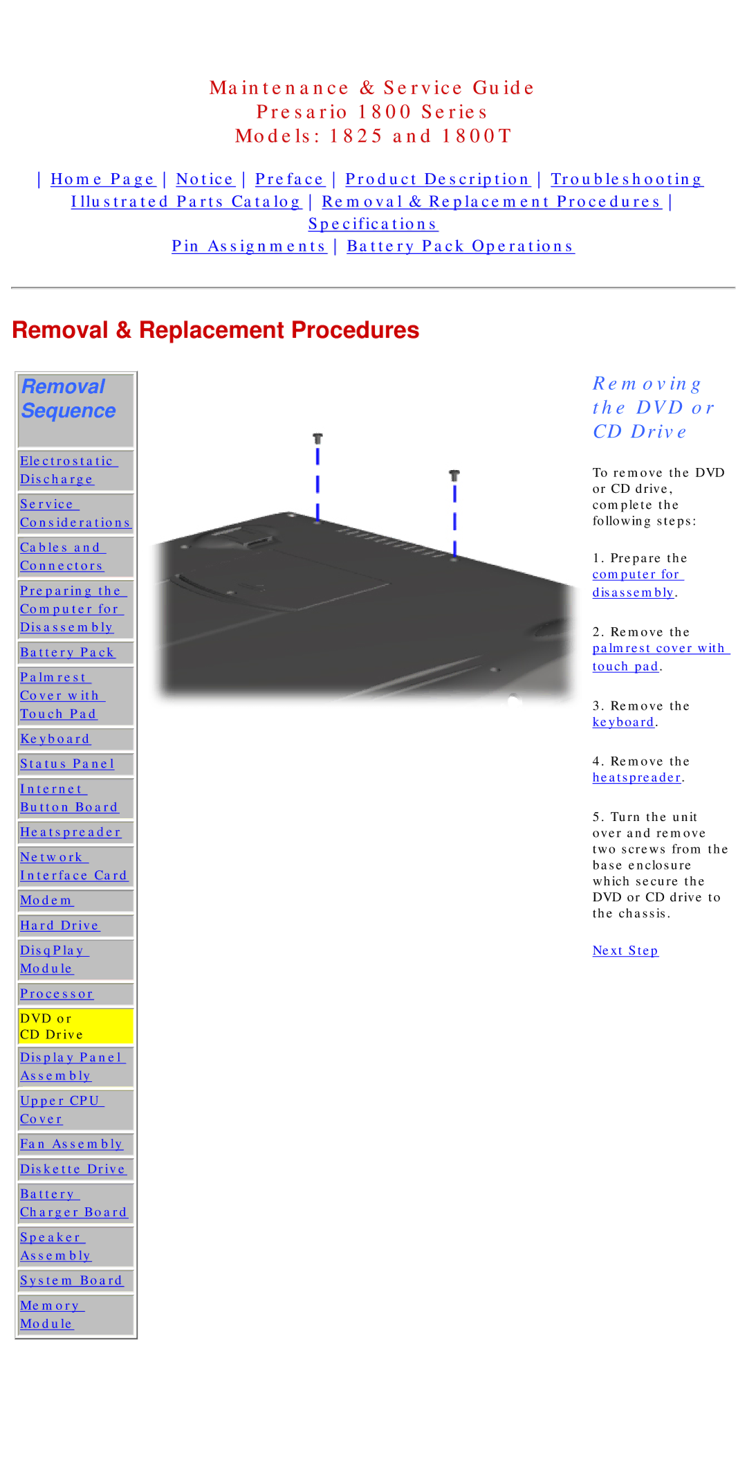 Compaq 1800T, 1825 specifications Removing the DVD or CD Drive 