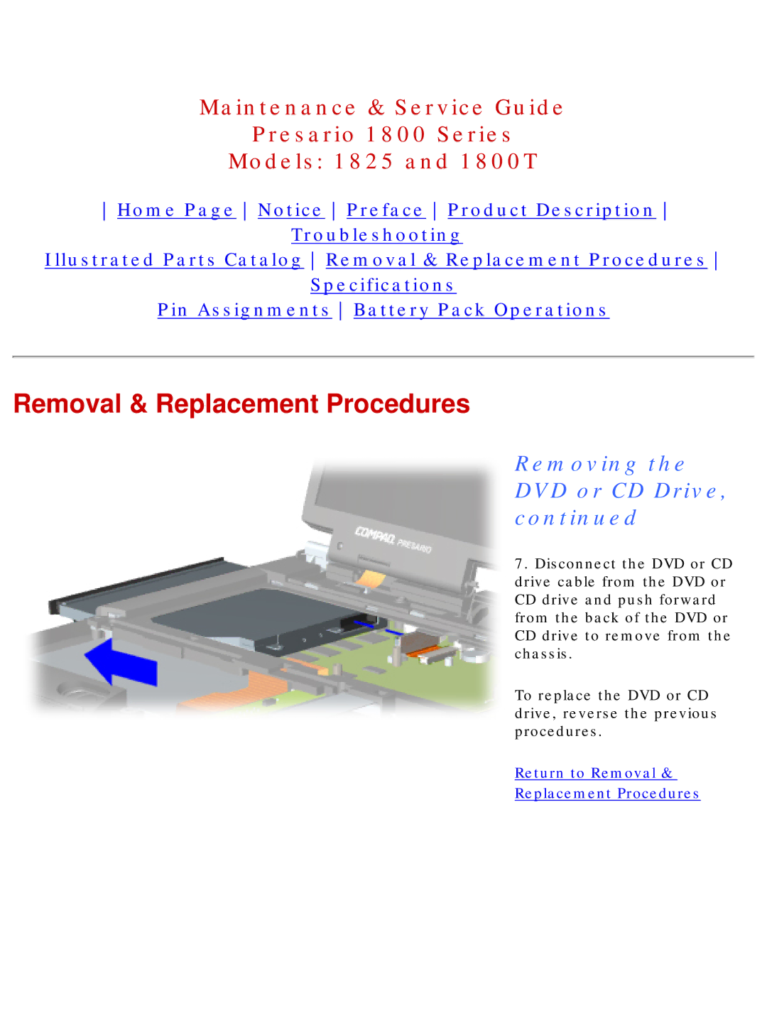 Compaq 1800T, 1825 specifications Return to Removal Replacement Procedures 