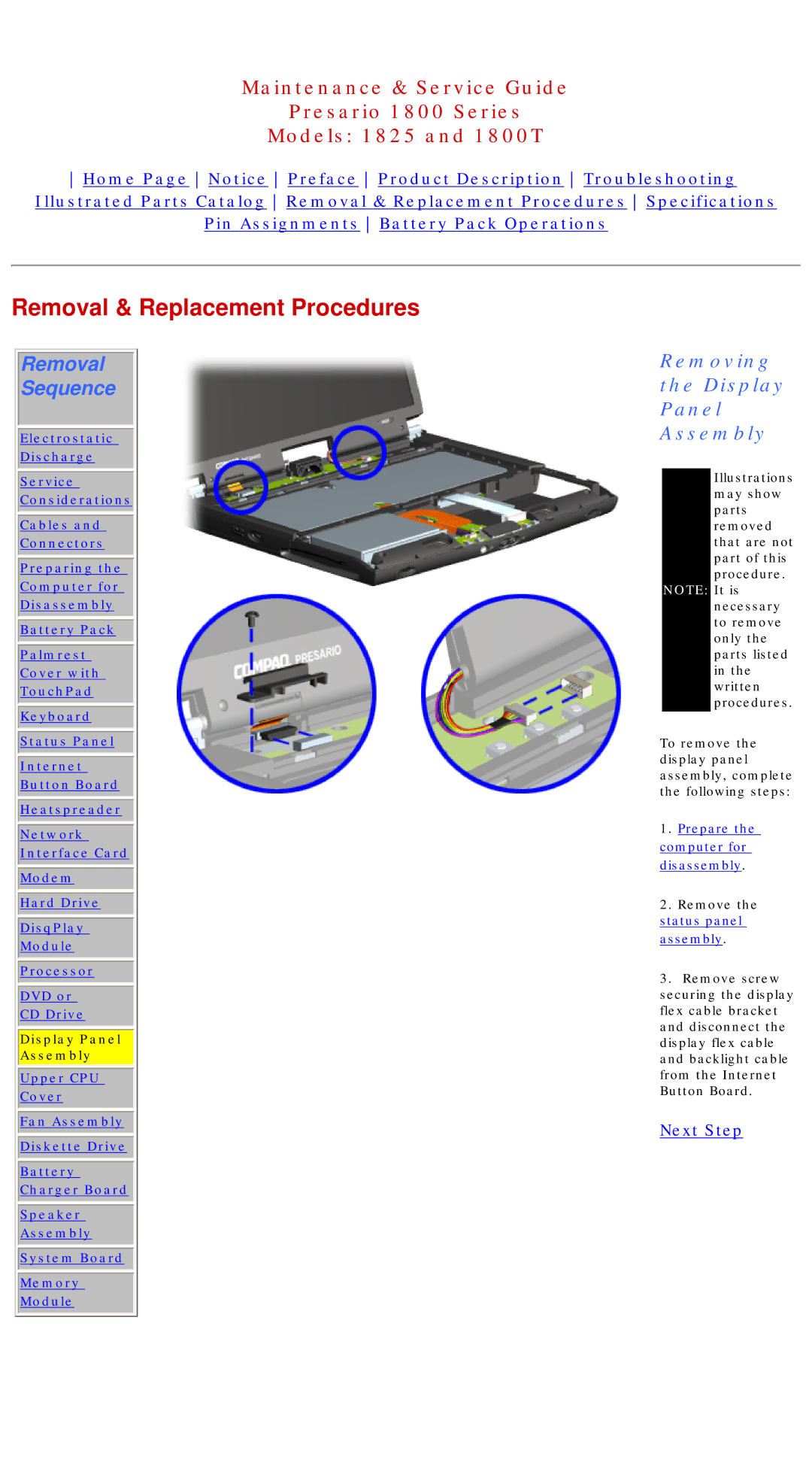 Compaq 1825, 1800T specifications Removing Display Panel Assembly, Remove the status panel assembly 