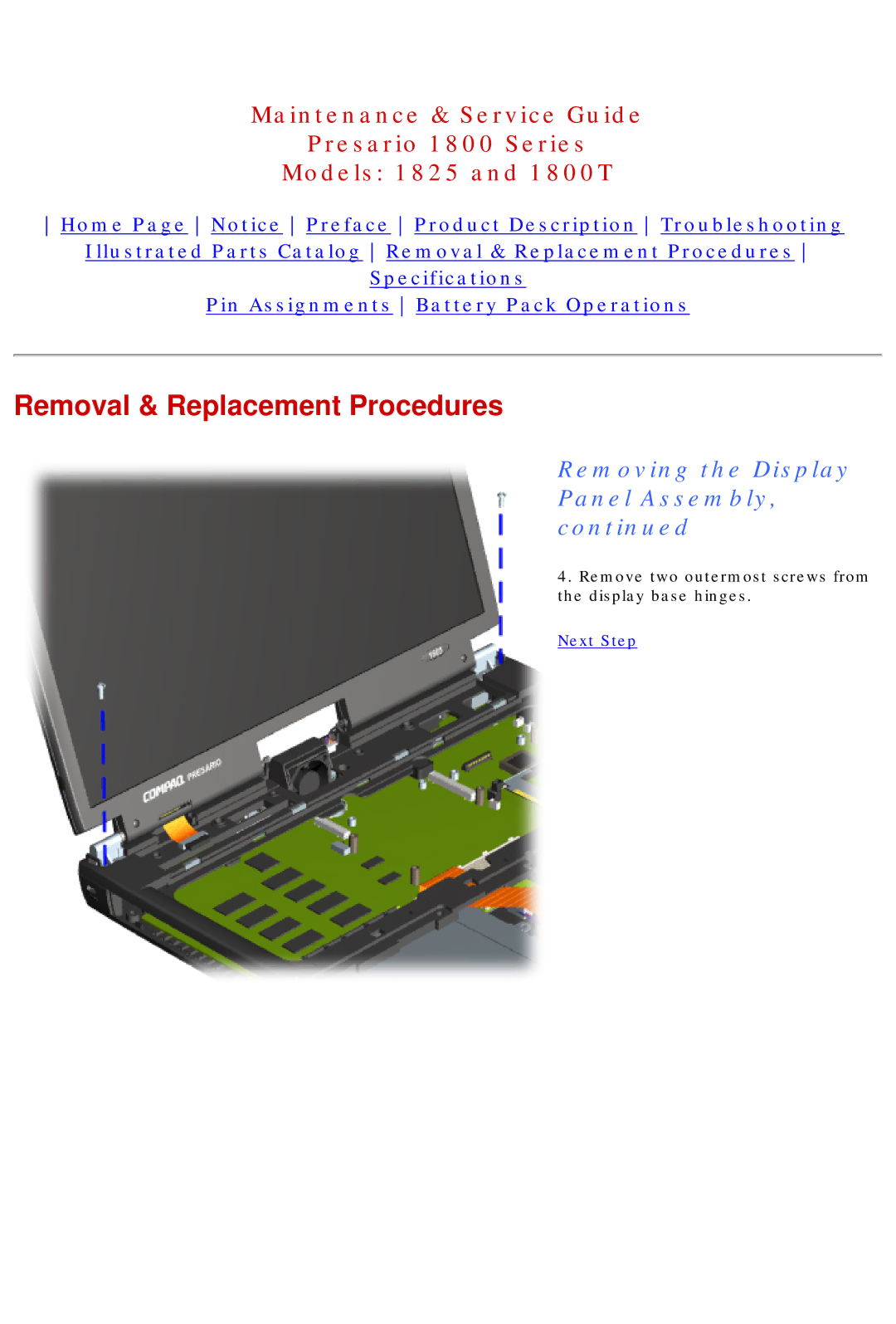 Compaq 1800T, 1825 specifications Removing the Display Panel Assembly 