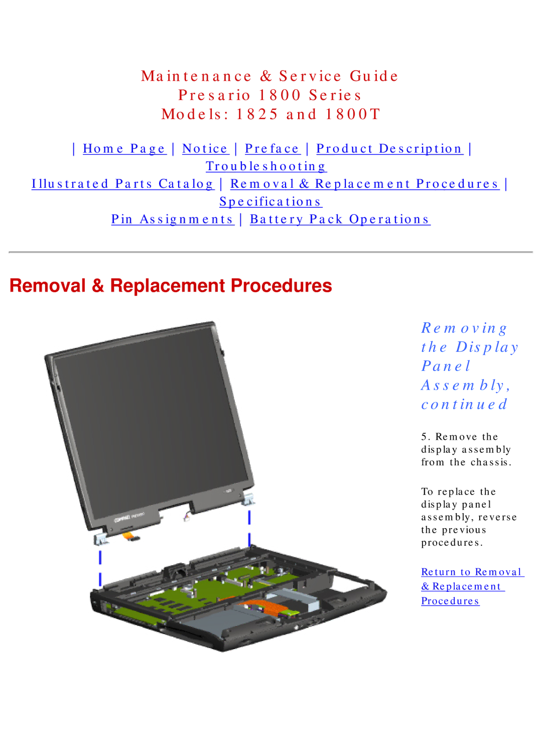 Compaq 1825, 1800T specifications Return to Removal & Replacement Procedures 