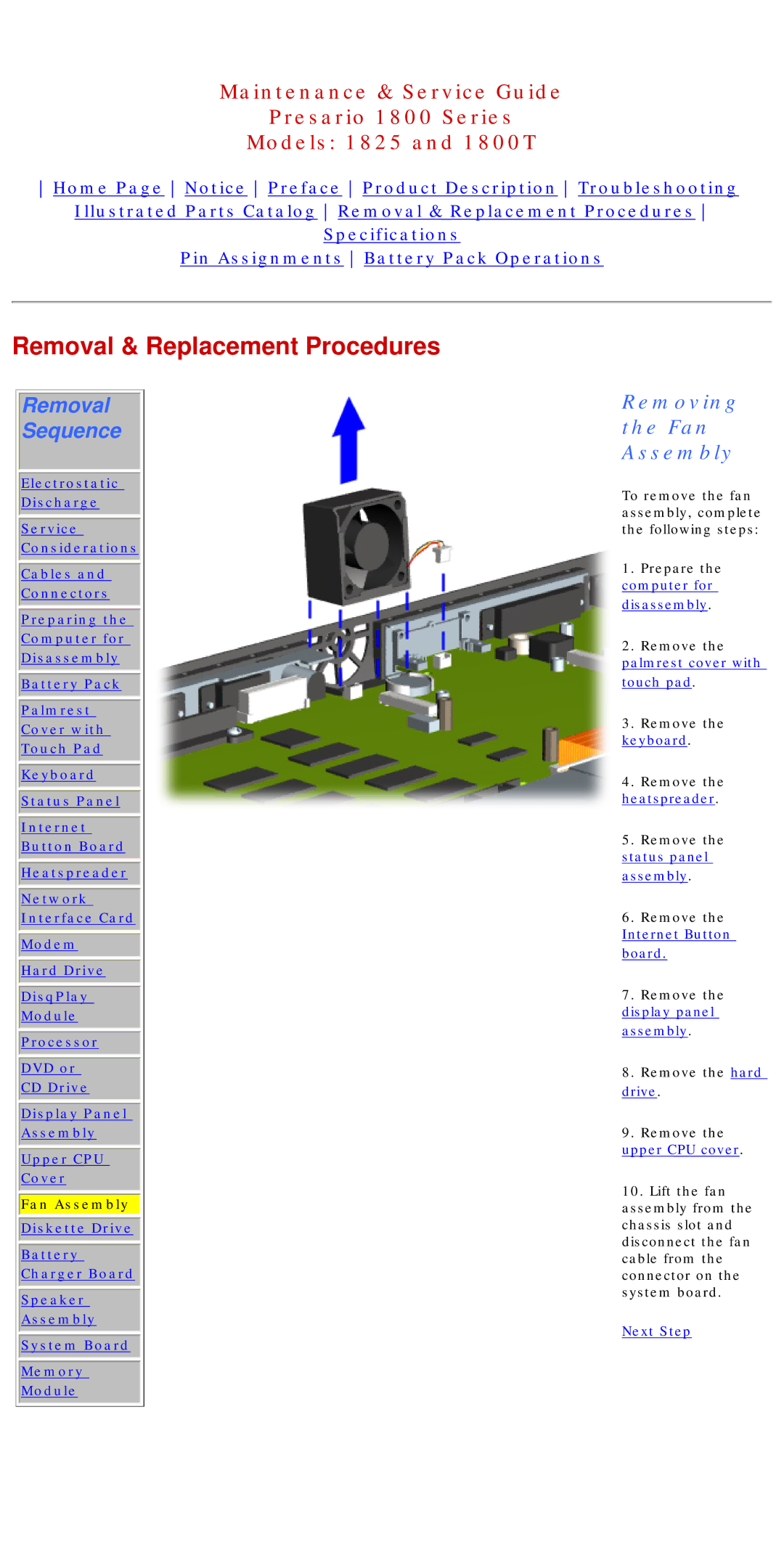 Compaq 1825, 1800T specifications Removing Fan Assembly 