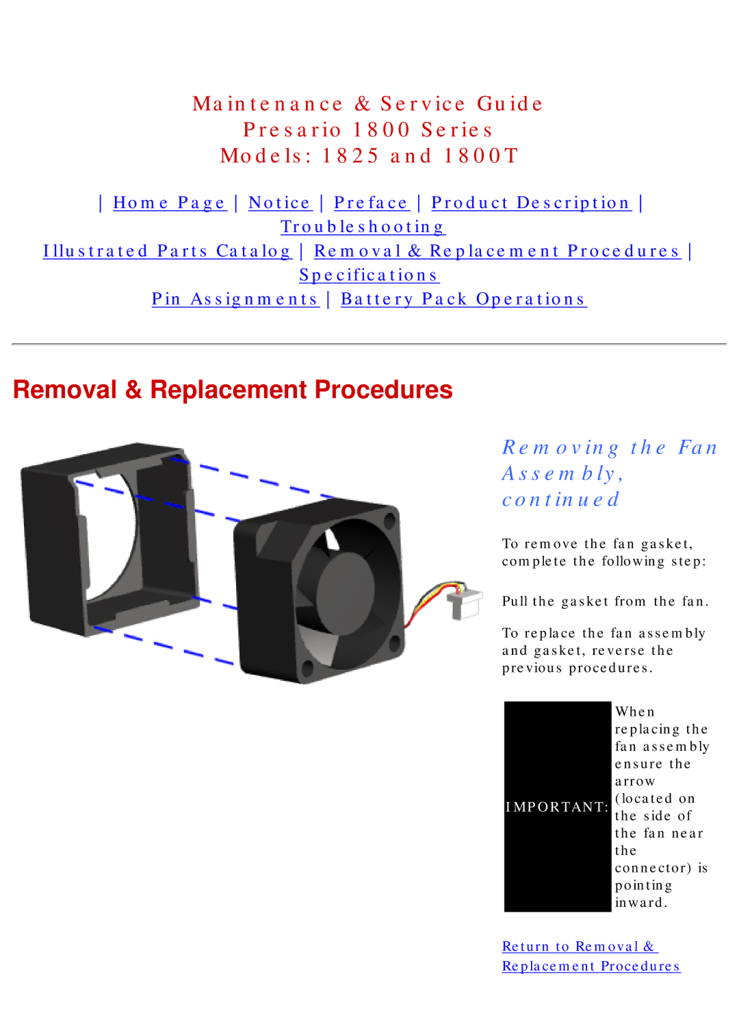 Compaq 1800T, 1825 specifications Removing the Fan Assembly 