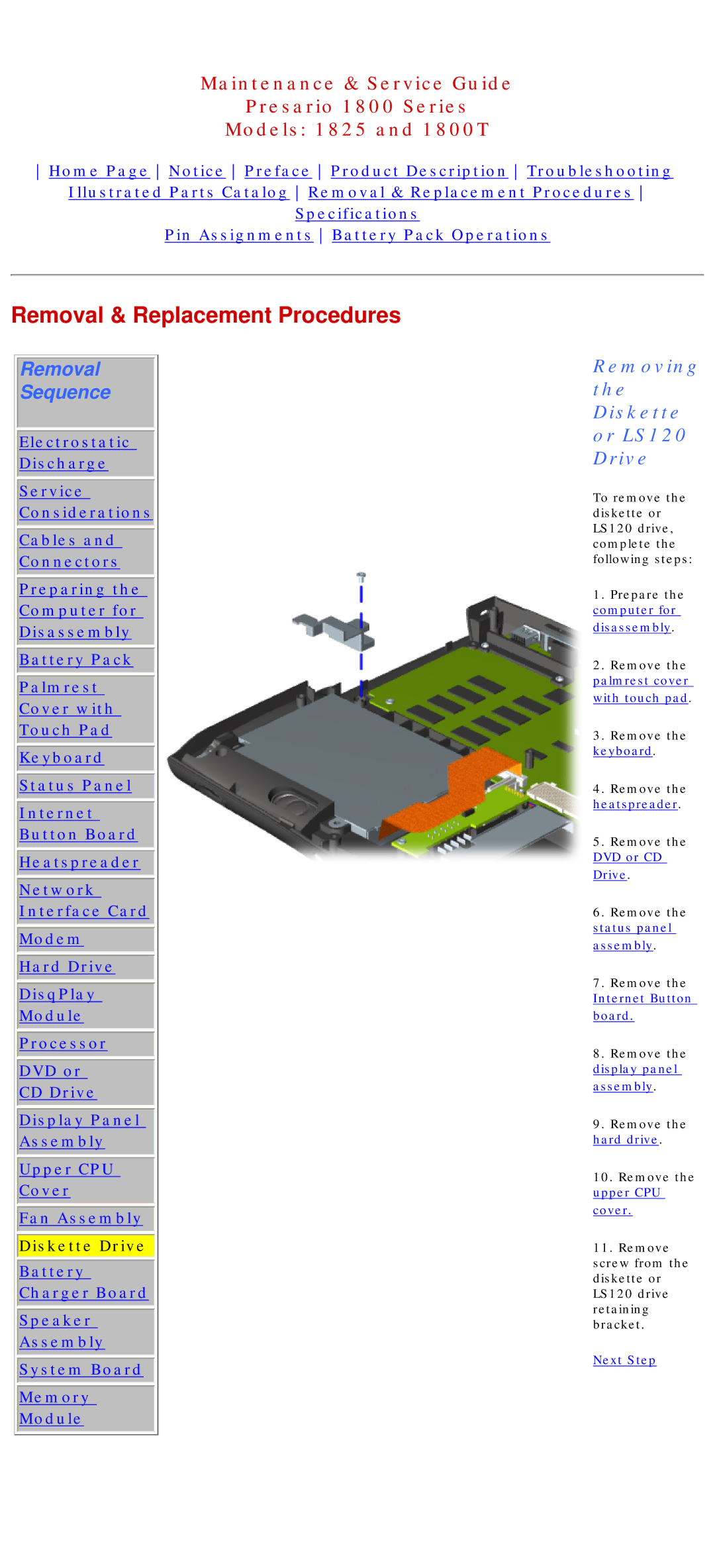 Compaq 1825, 1800T specifications Removing the Diskette or LS120 Drive 