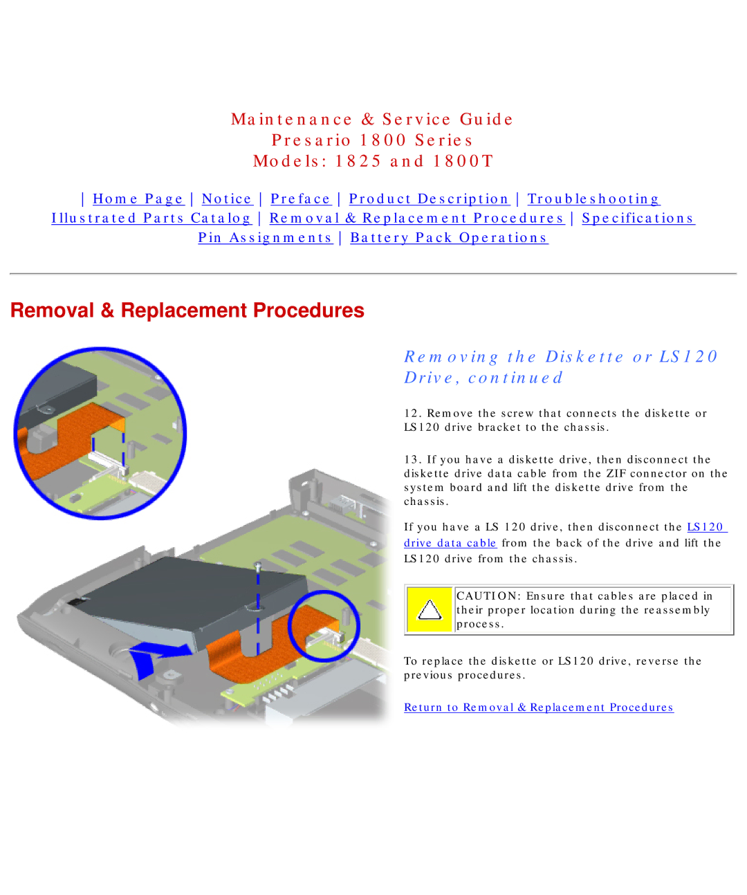 Compaq 1800T, 1825 specifications Return to Removal & Replacement Procedures 